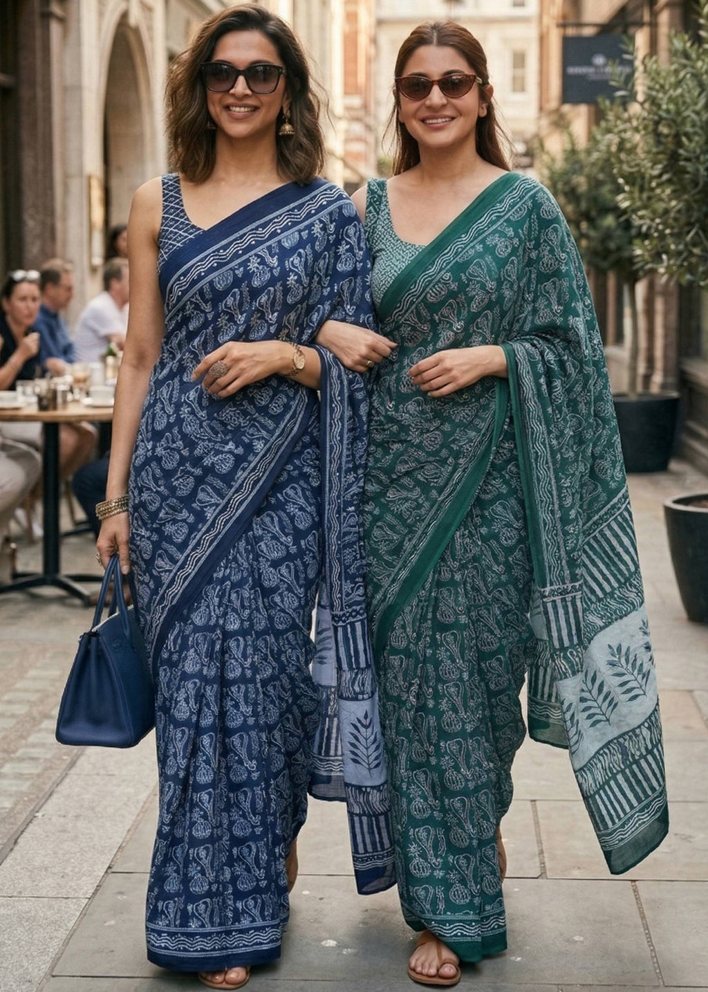 PURE SOFT MULMUL COTTON HAND BLOCK PRINT GREEN SAREE WITH BLOUSE
