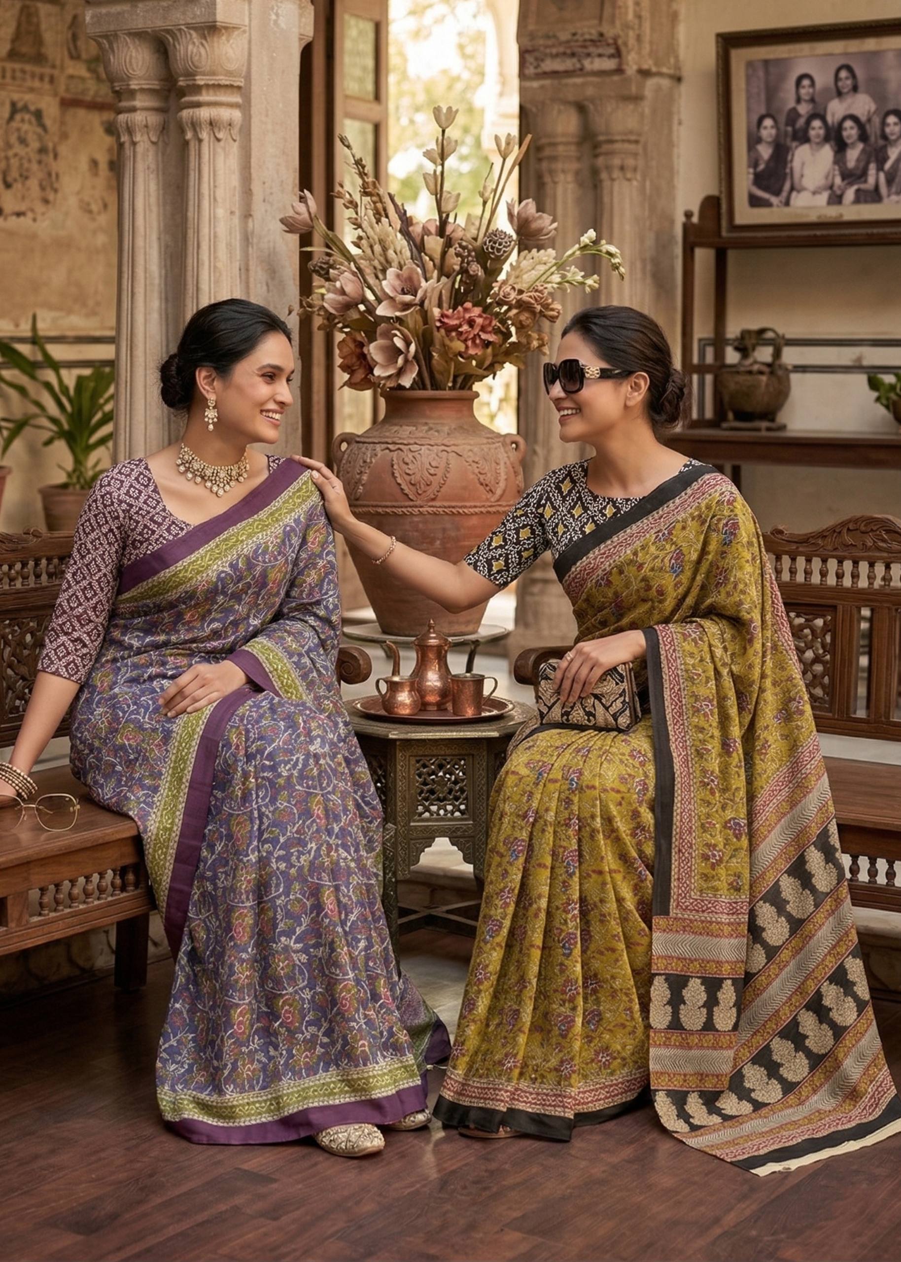 PURE KALAMKARI MULMUL COTTON HAND BLOCK PRINT MULTICOLOR SAREE WITH BLOUSE