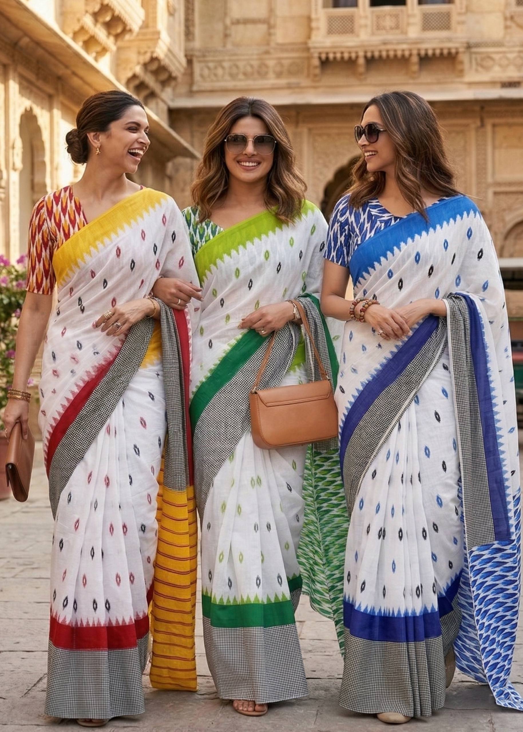 PURE SOFT MULMUL COTTON HAND BLOCK IKKAT PRINT YELLOW SAREE WITH BLOUSE