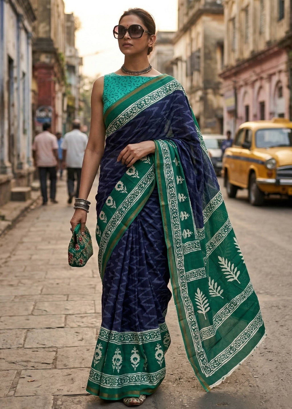 BAGRU BLOCK PRINT SOFT MASLIN COTTON WITH ZARI BORDER NEVY BLUE SAREE WITH BLOUSE