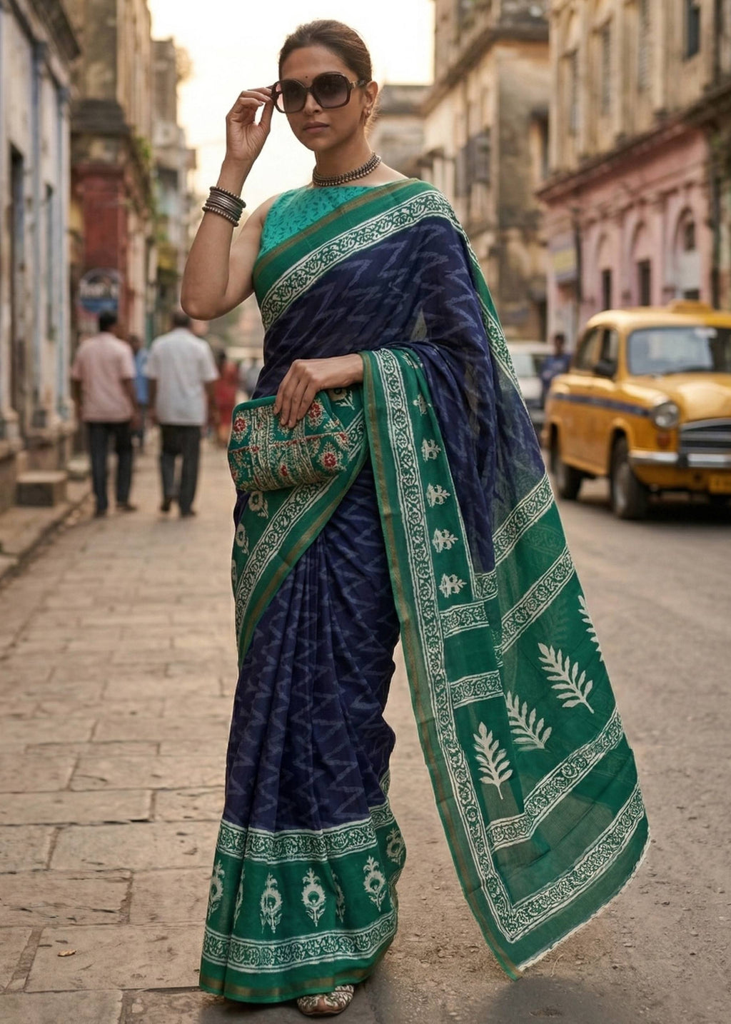 BAGRU BLOCK PRINT SOFT MASLIN COTTON WITH ZARI BORDER NEVY BLUE SAREE WITH BLOUSE