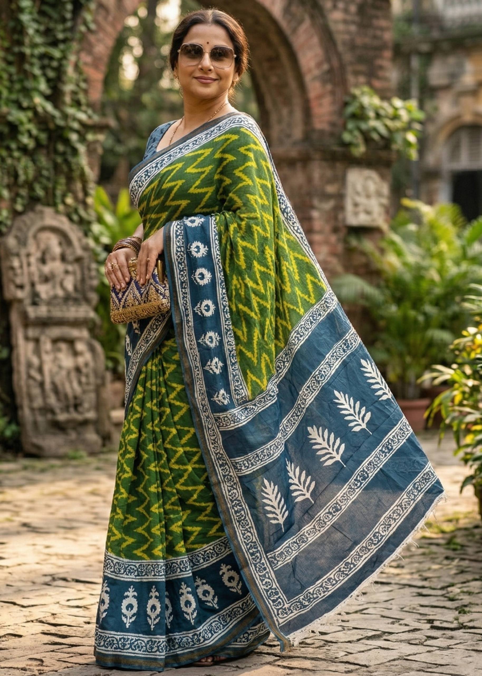 BAGRU BLOCK PRINT SOFT MASLIN COTTON WITH ZARI BORDER GREEN SAREE WITH BLOUSE