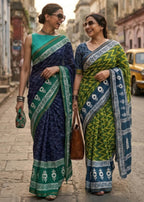 BAGRU BLOCK PRINT SOFT MASLIN COTTON WITH ZARI BORDER GREEN SAREE WITH BLOUSE
