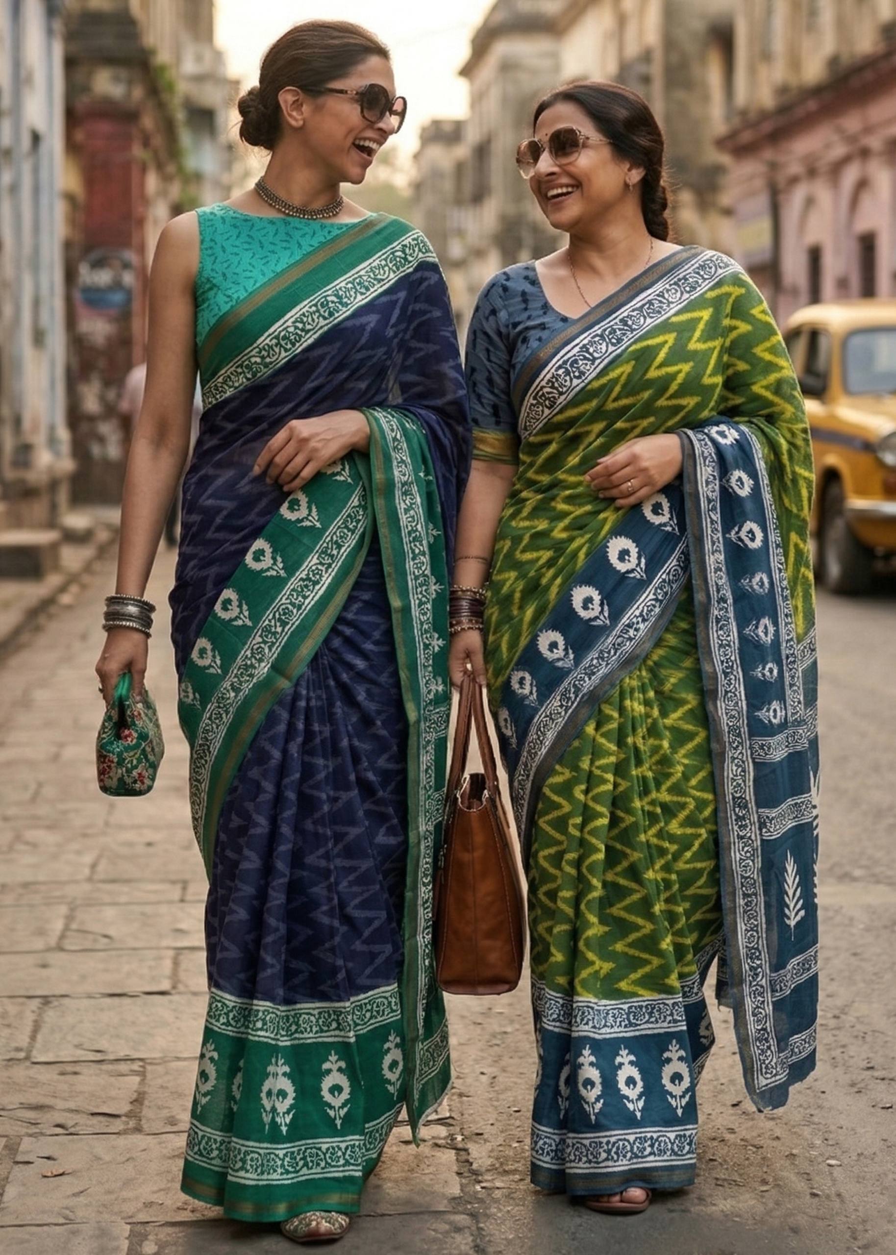 BAGRU BLOCK PRINT SOFT MASLIN COTTON WITH ZARI BORDER GREEN SAREE WITH BLOUSE