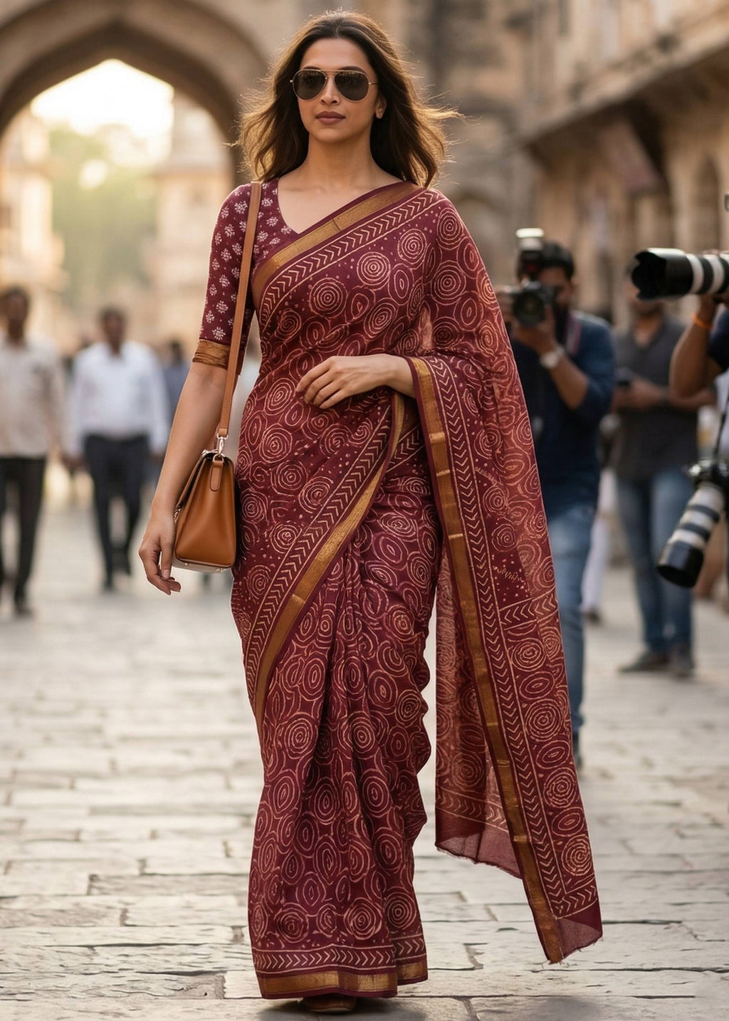 BAGRU BLOCK PRINT SOFT MASLIN COTTON WITH ZARI BORDER MAROON SAREE WITH BLOUSE
