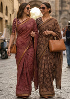 BAGRU BLOCK PRINT SOFT MASLIN COTTON WITH ZARI BORDER MAROON SAREE WITH BLOUSE