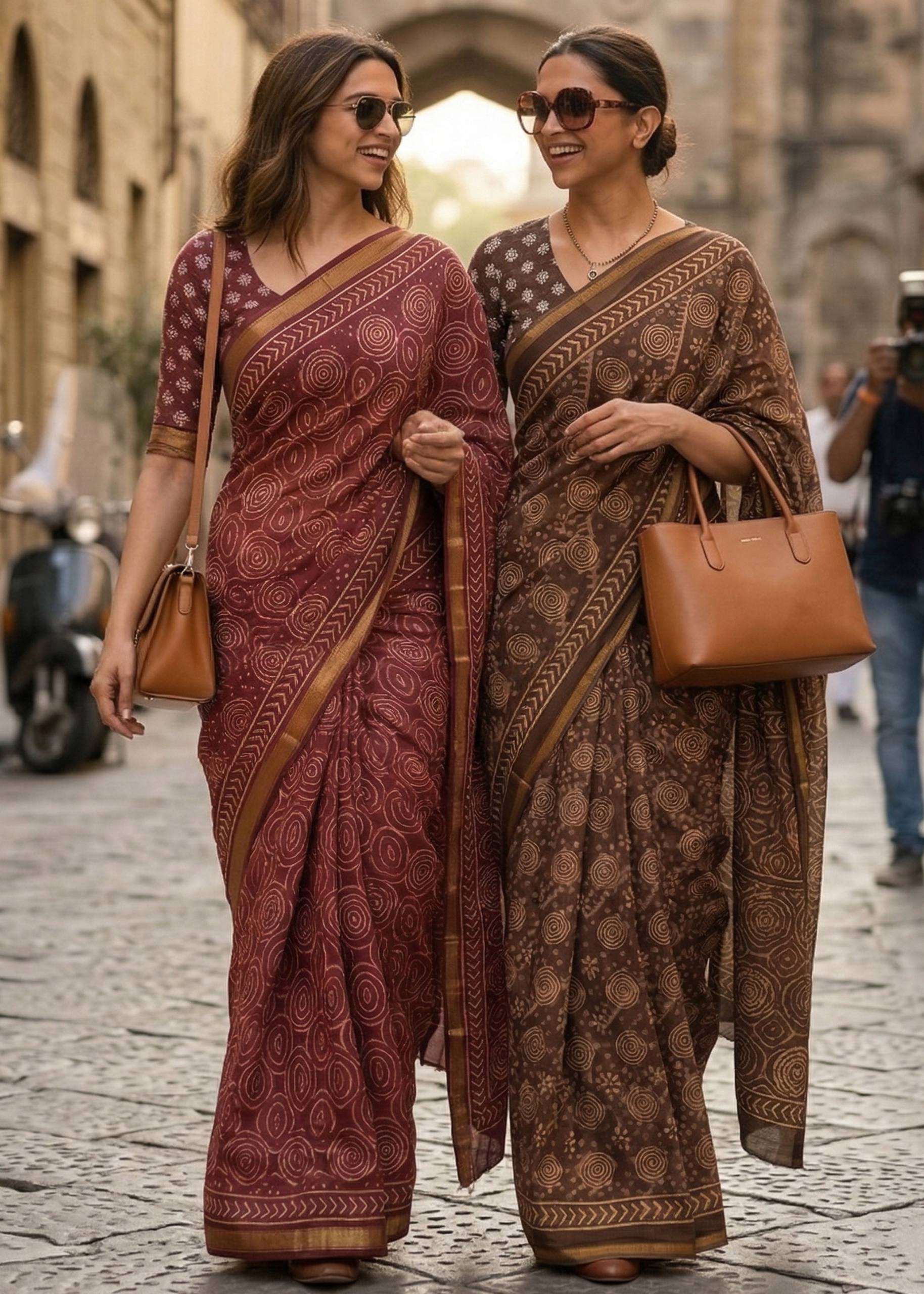 BAGRU BLOCK PRINT SOFT MASLIN COTTON WITH ZARI BORDER MAROON SAREE WITH BLOUSE