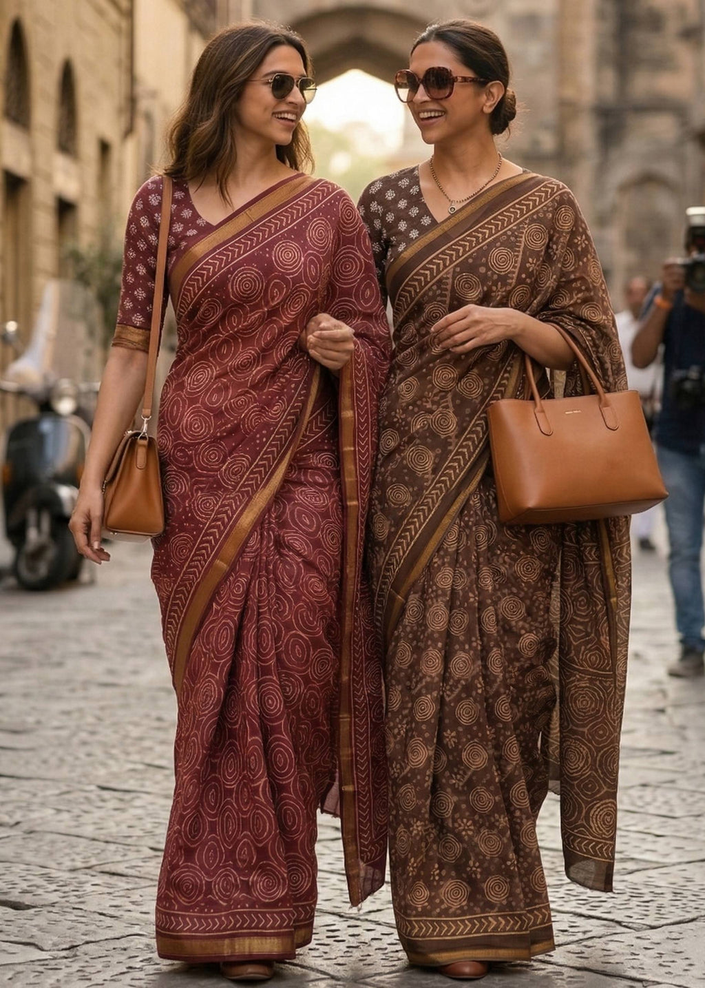 BAGRU BLOCK PRINT SOFT MASLIN COTTON WITH ZARI BORDER BROWN SAREE WITH BLOUSE