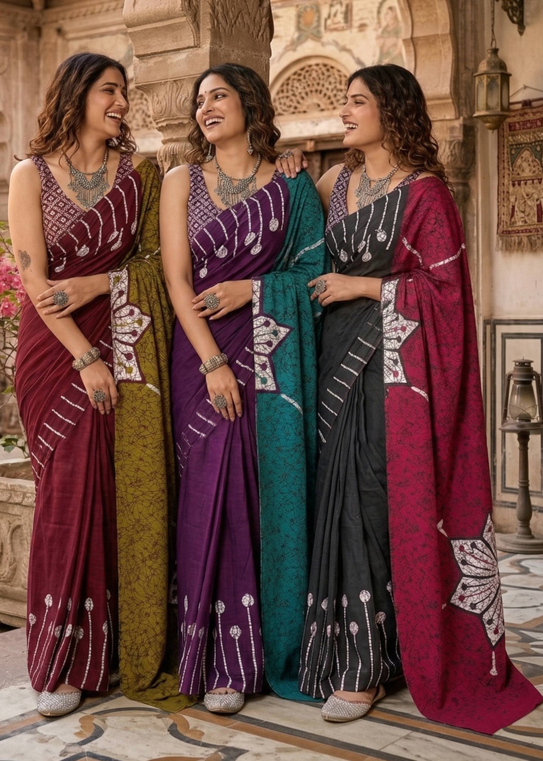 PURE MULMUL COTTON FANCY HAND BLOCK PRINT BLACK SAREE WITH BLOUSE