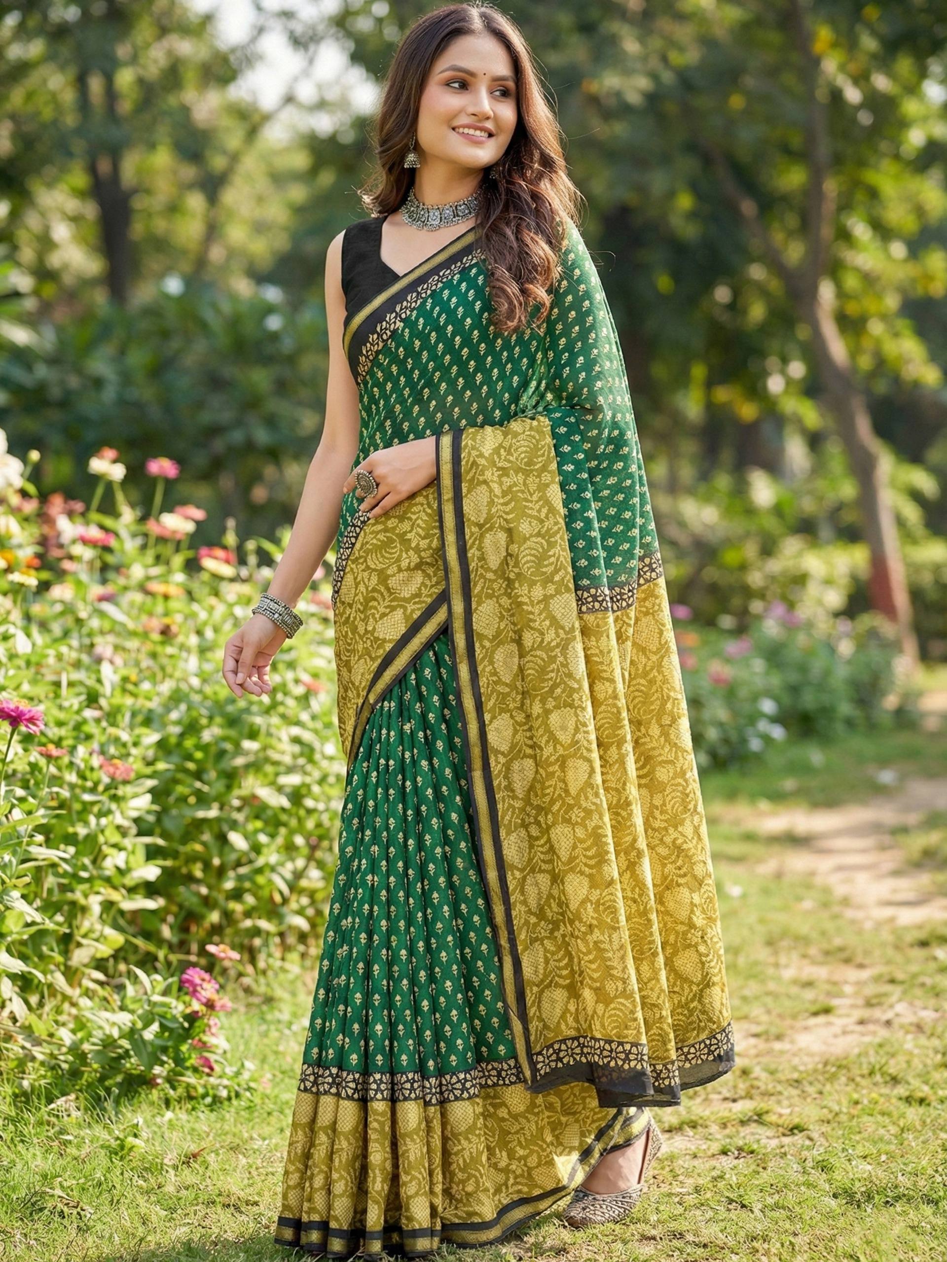 BAGRU BLOCK PRINT SOFT MASLIN COTTON WITH ZARI BORDER GREEN SAREE WITH BLOUSE