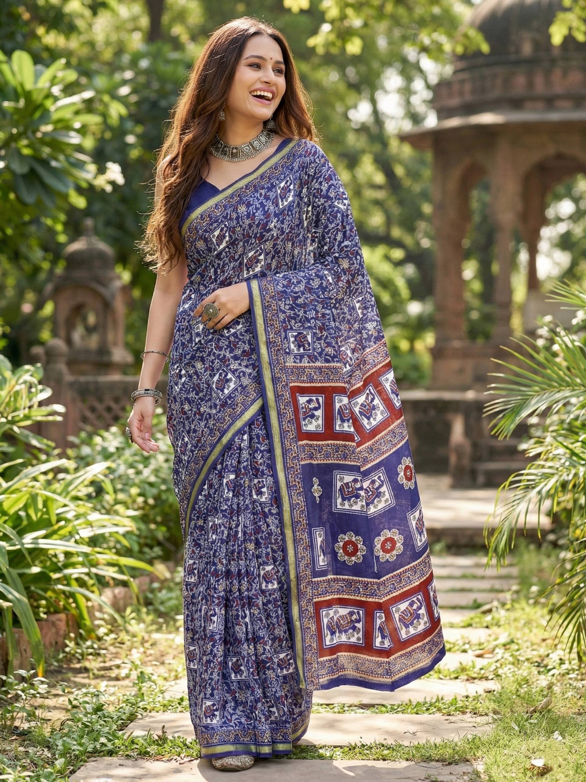 BAGRU BLOCK PRINT SOFT MASLIN COTTON WITH ZARI BORDER BLUE SAREE WITH BLOUSE