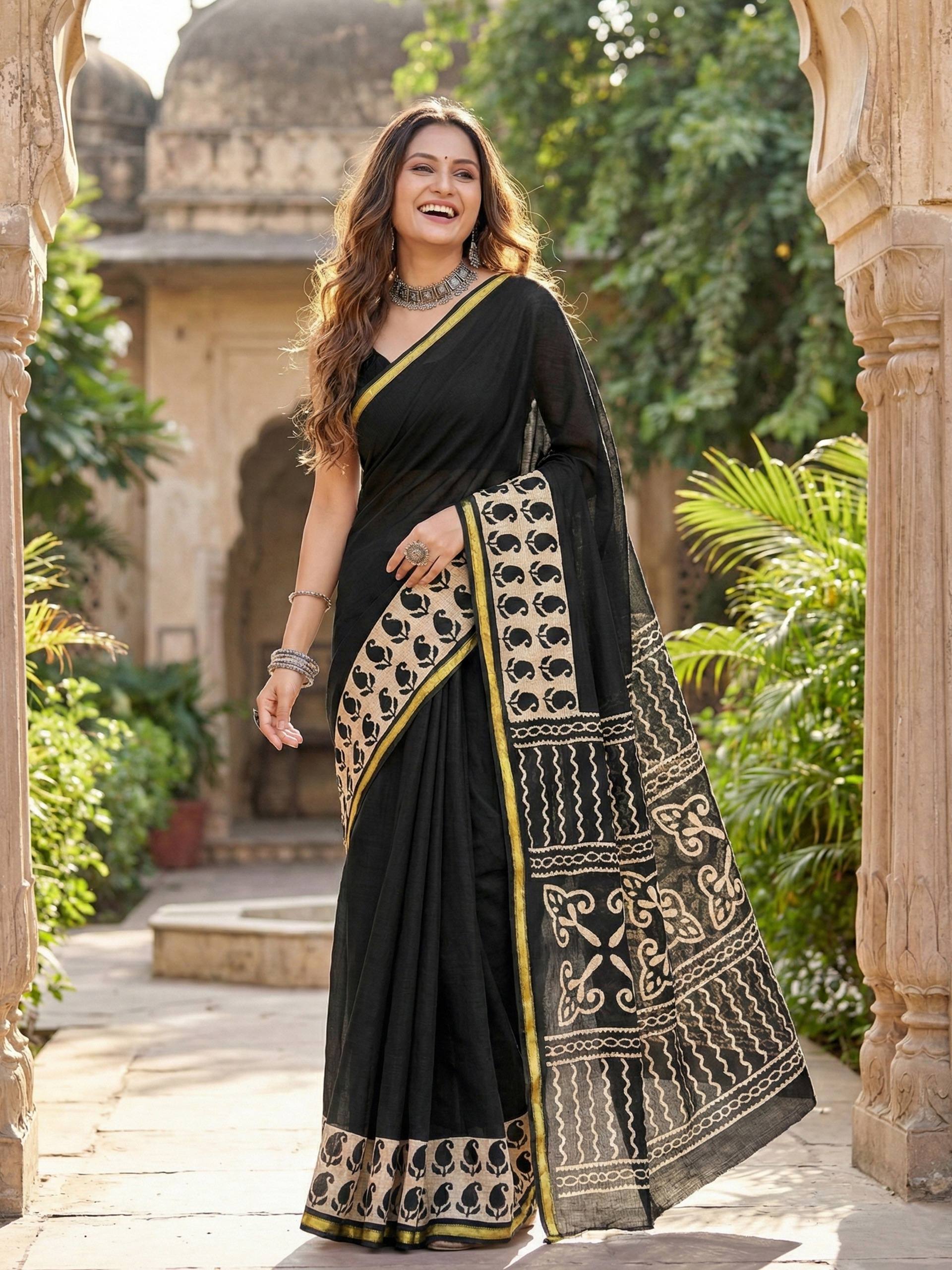 BAGRU BLOCK PRINT SOFT MASLIN COTTON WITH ZARI BORDER BLACK SAREE WITH BLOUSE