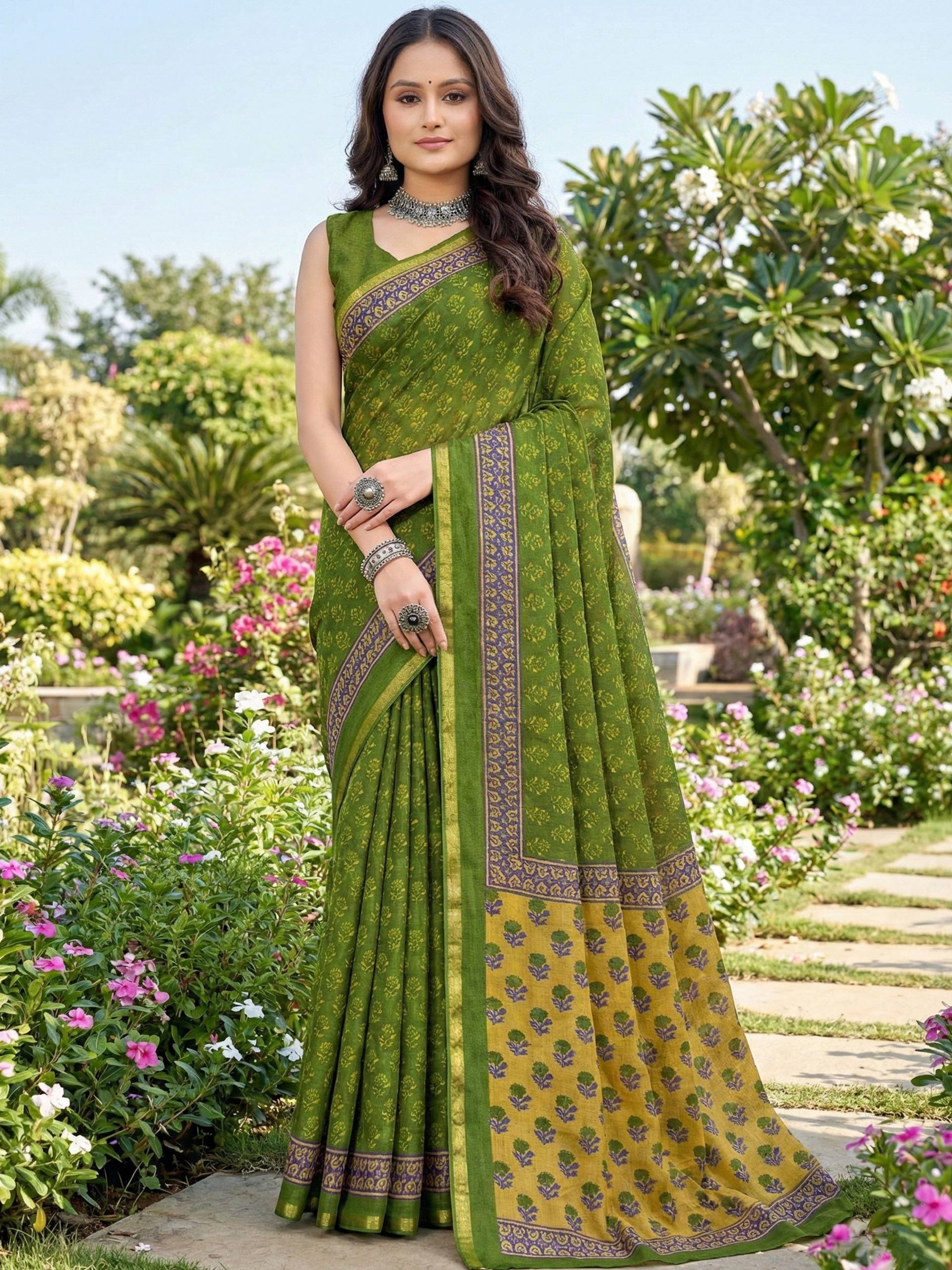 BAGRU BLOCK PRINT SOFT MASLIN COTTON WITH ZARI BORDER GREEN SAREE WITH BLOUSE