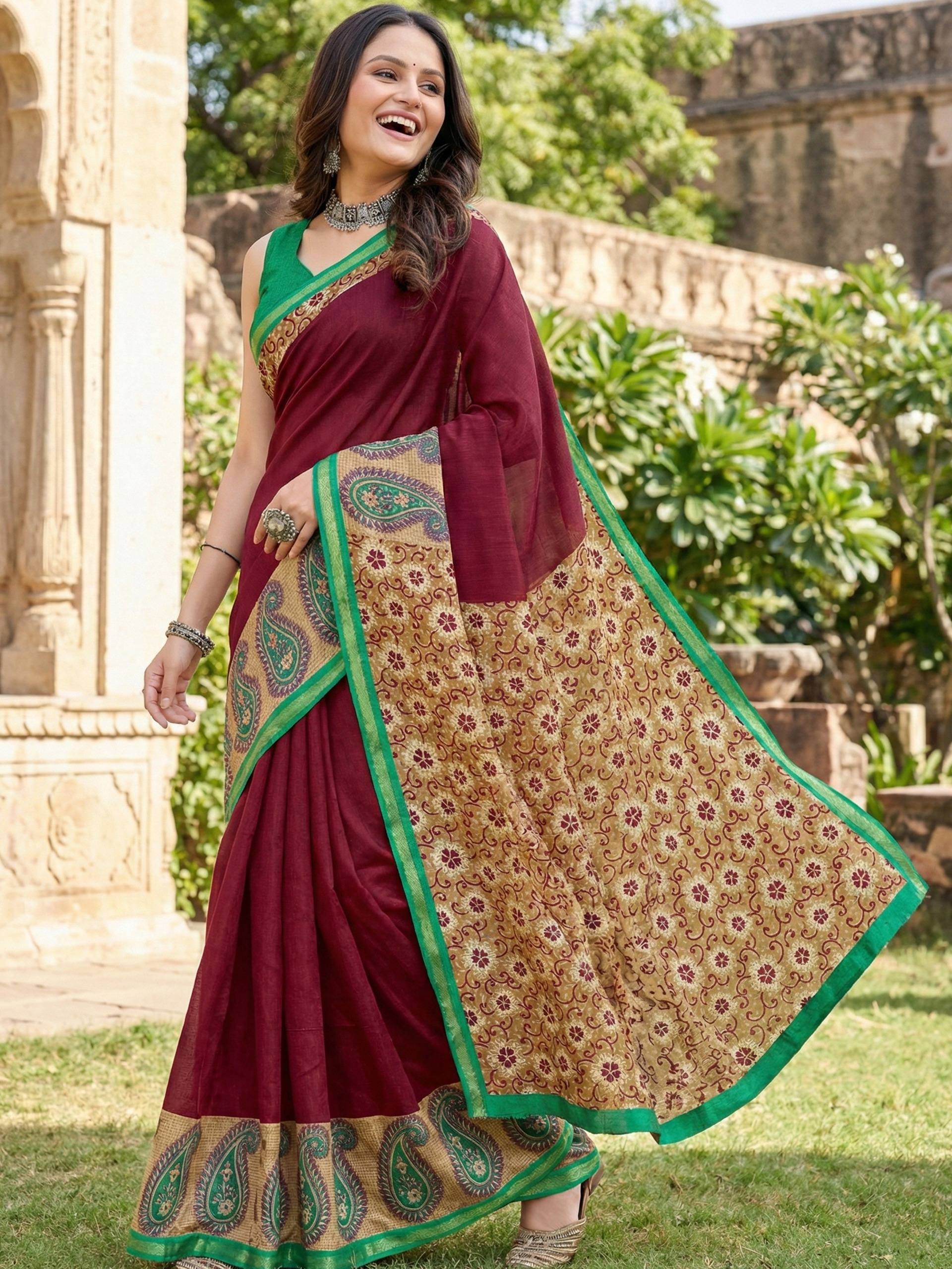 BAGRU BLOCK PRINT SOFT MASLIN COTTON WITH ZARI BORDER MAROON SAREE WITH BLOUSE