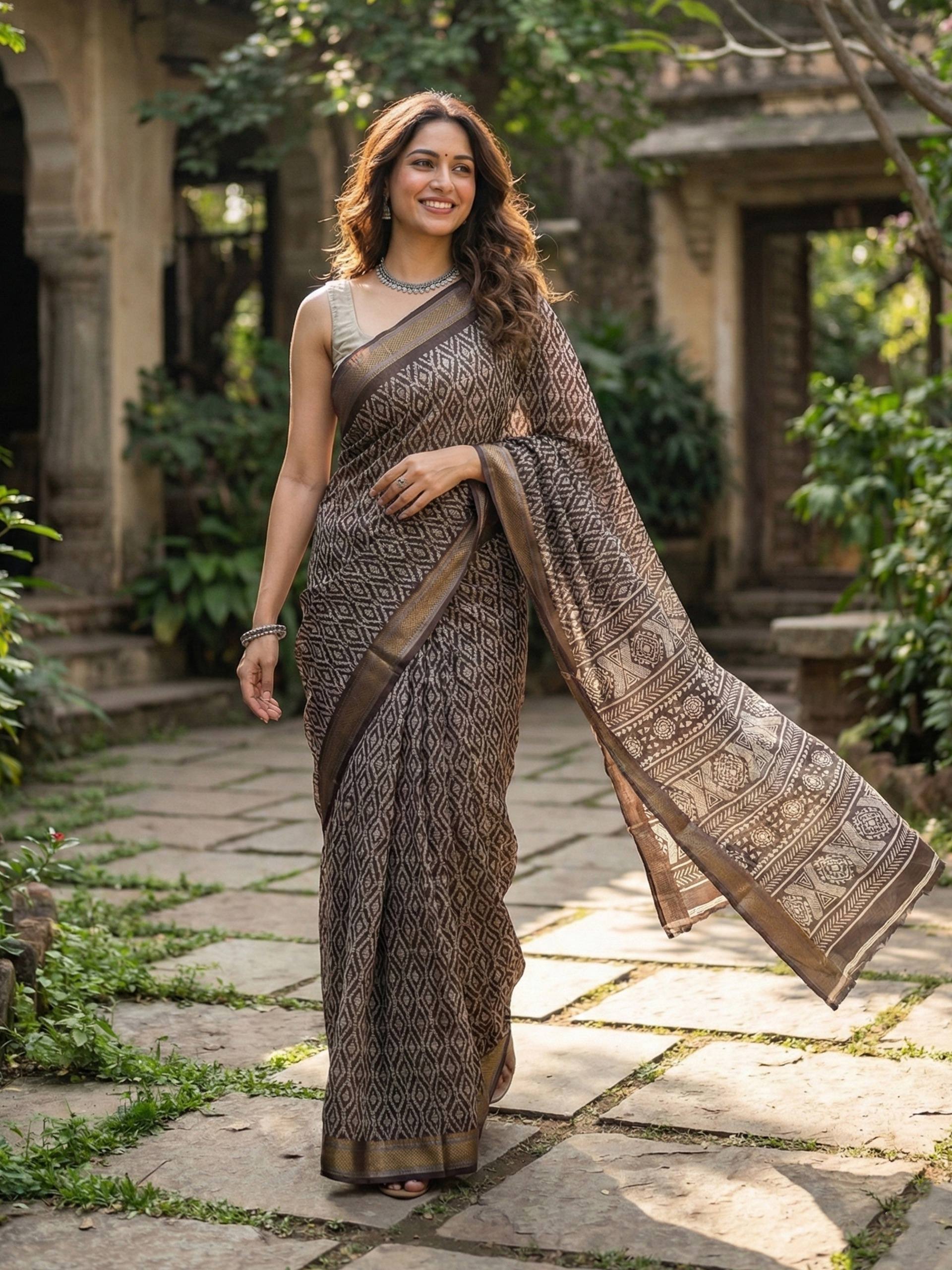 MULMUL COTTON WITH HEAVY ZARI BORDER BAGRU BANDHANI PRINT BROWN SAREE WITH BLOUSE
