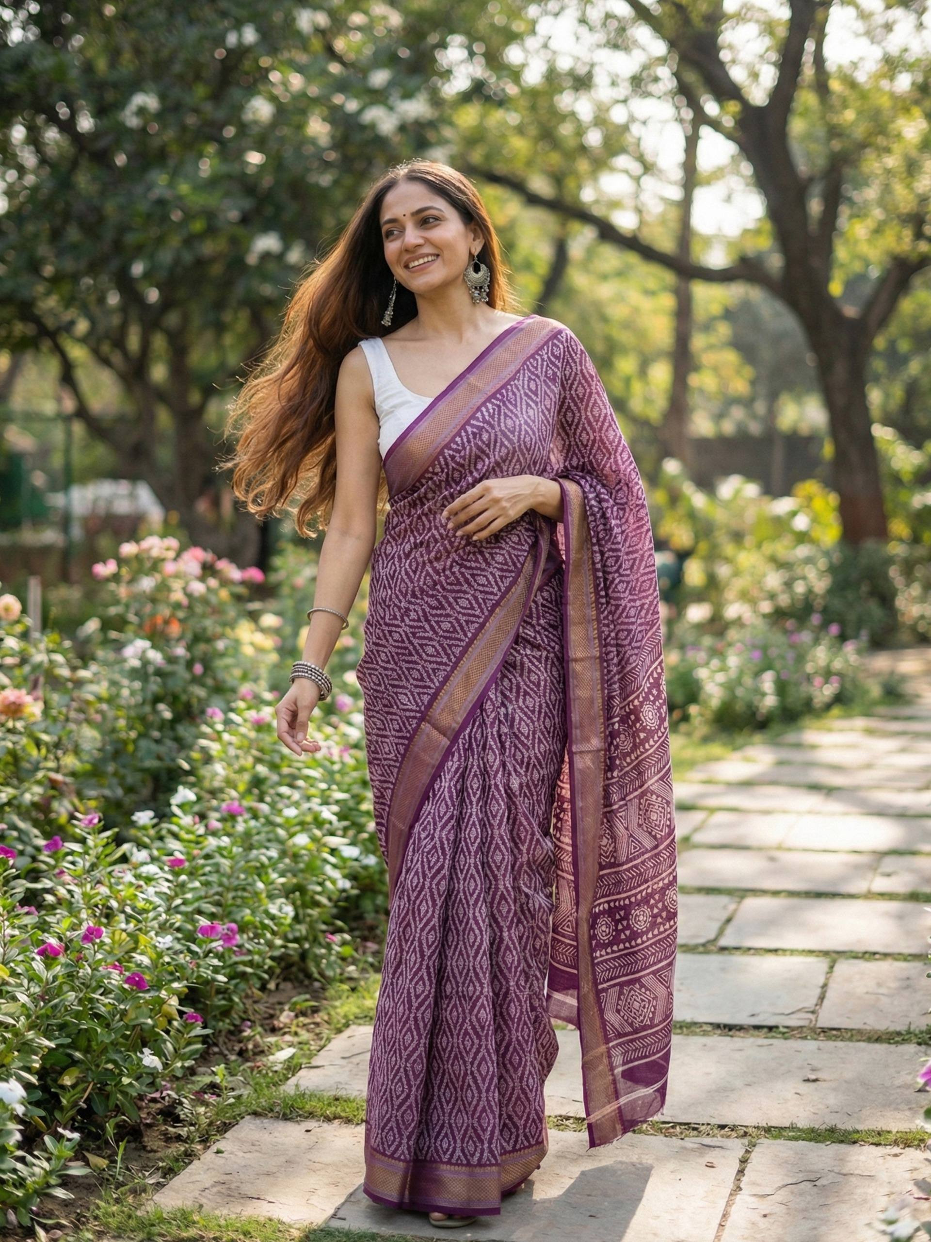 MULMUL COTTON WITH HEAVY ZARI BORDER BAGRU BANDHANI PRINT PURPLE SAREE WITH BLOUSE