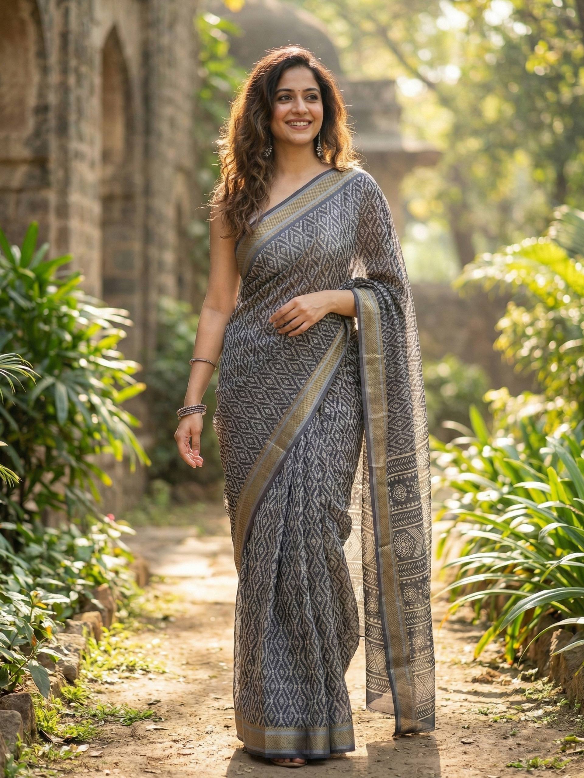 MULMUL COTTON WITH HEAVY ZARI BORDER BAGRU BANDHANI PRINT GREY SAREE WITH BLOUSE