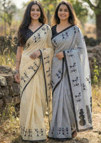 PURE SOFT COTTON JAIPURI BLOCK PRINT GREY SAREE WITH BLOUSE