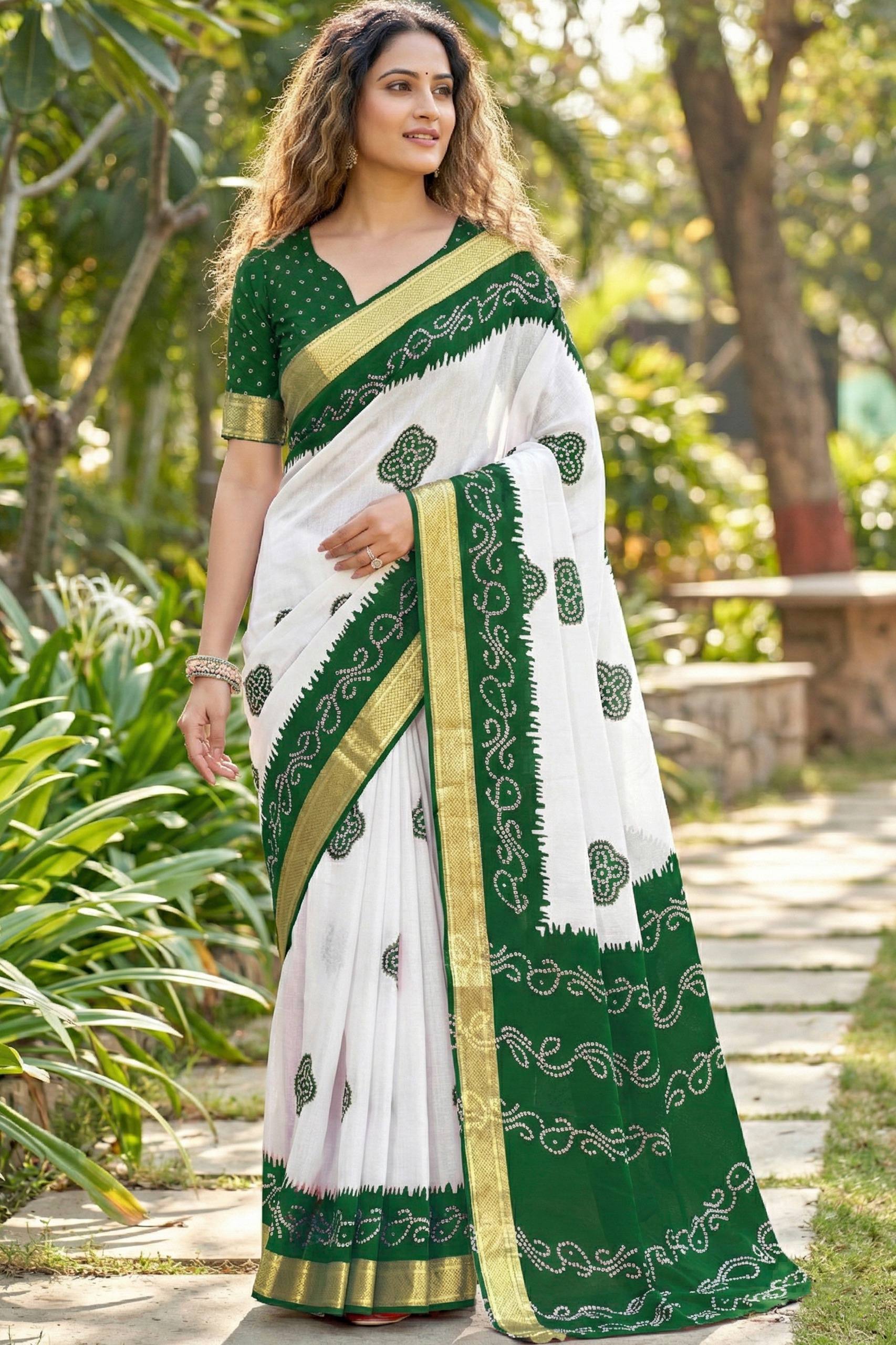 MULMUL COTTON BANDHANI BLOCK PRINT WITH HEAVY ZARI BORDER WHITE AND GREEN SAREE WITH BLOUSE