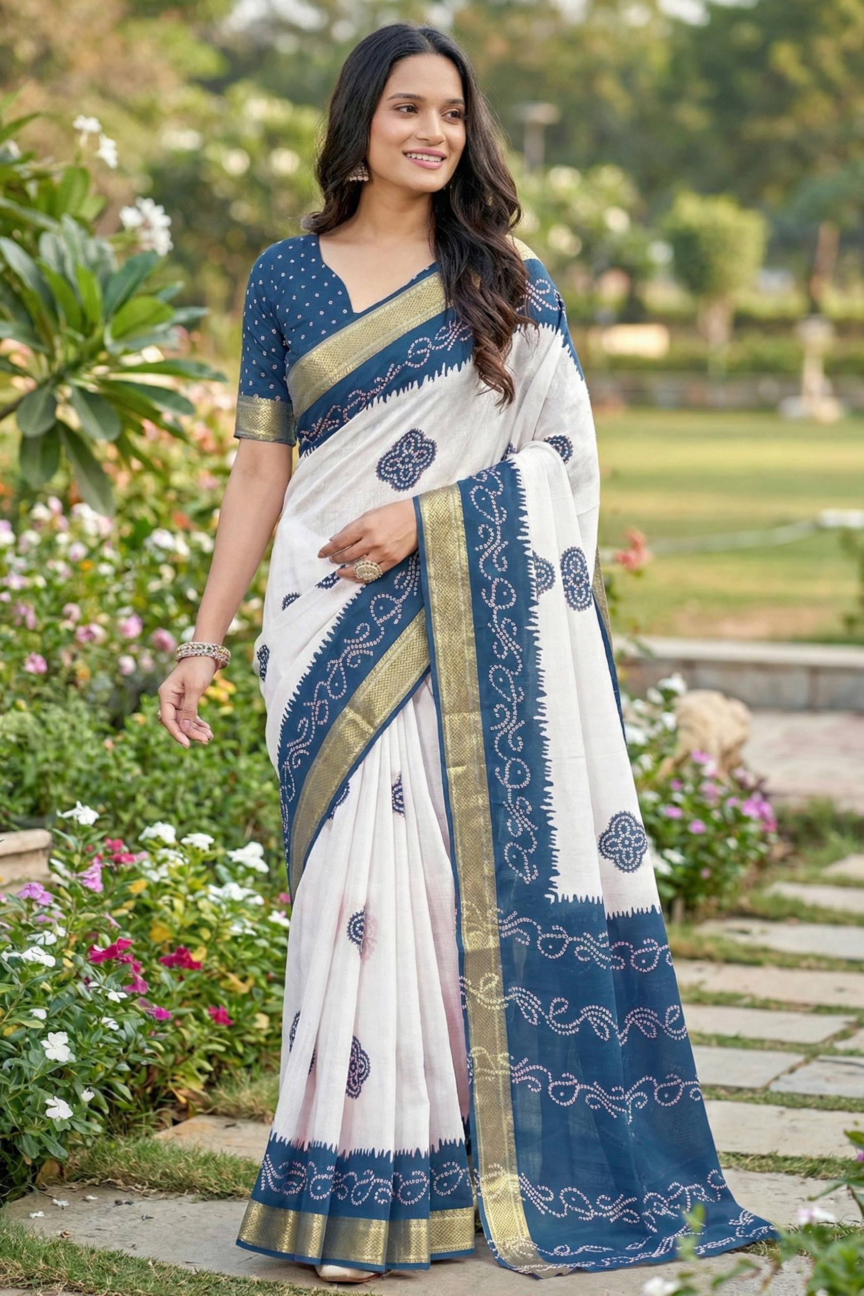 MULMUL COTTON BANDHANI BLOCK PRINT WITH HEAVY ZARI BORDER WHITE AND BLUE GREY SAREE WITH BLOUSE