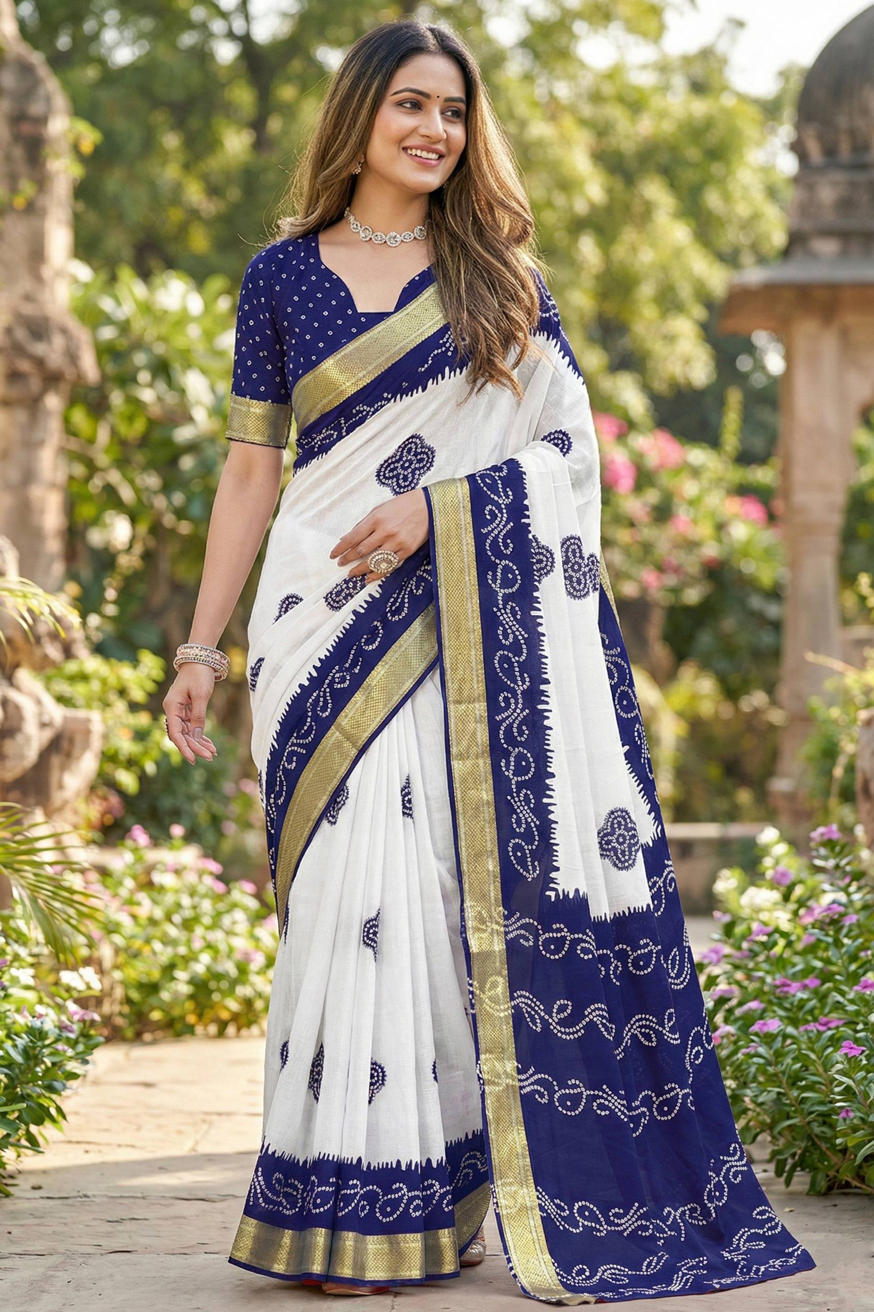 MULMUL COTTON BANDHANI BLOCK PRINT WITH HEAVY ZARI BORDER WHITE AND BLUE SAREE WITH BLOUSE