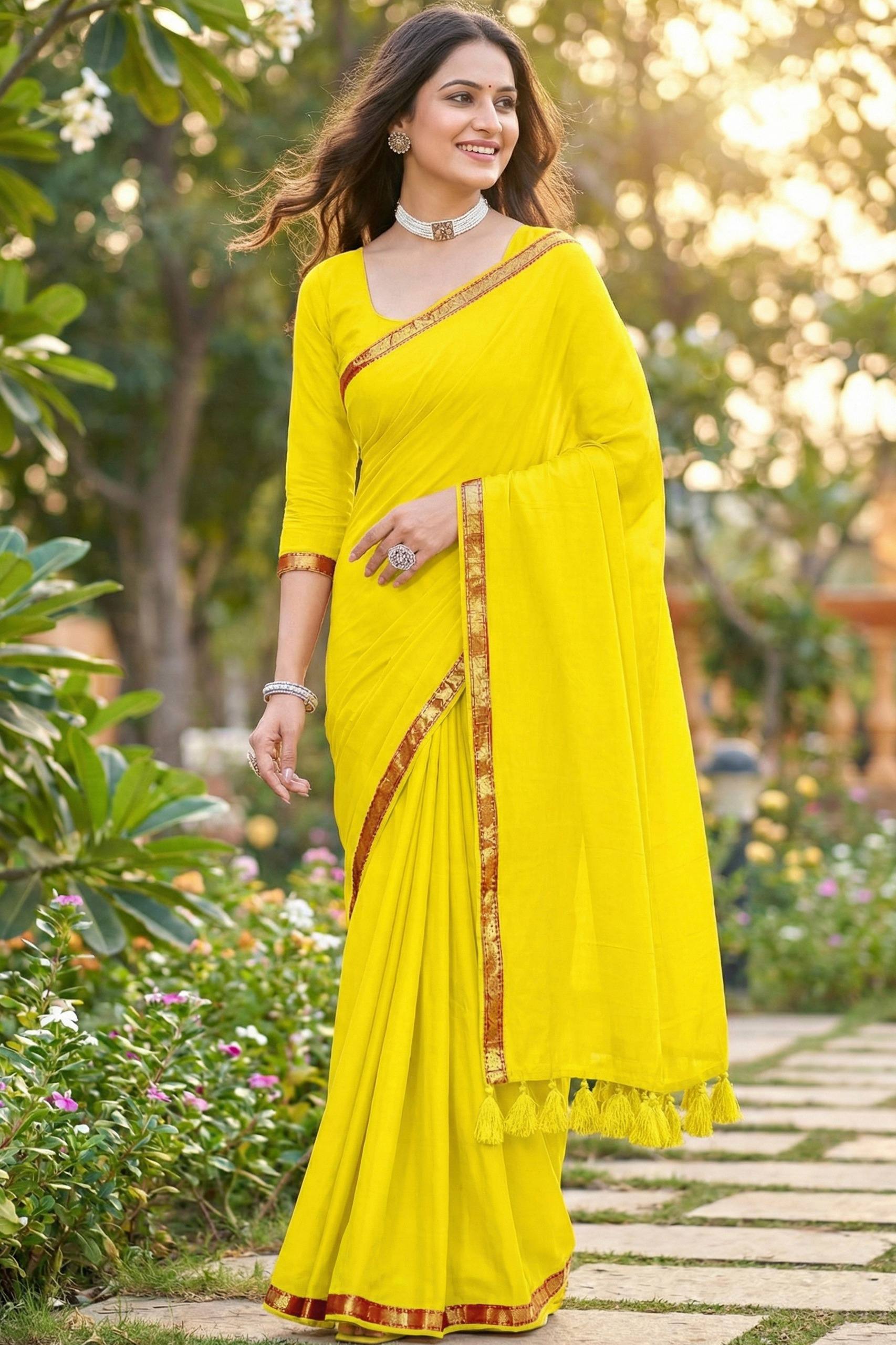 JAIPURI PLAIN JARI BORDER COTTON MULMUL HEAVY LATKAN YELLOW SAREE WITH BLOUSE