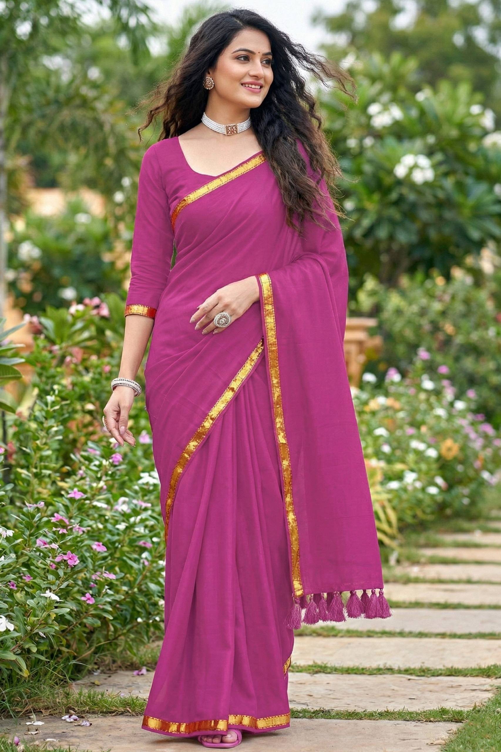 JAIPURI PLAIN JARI BORDER COTTON MULMUL HEAVY LATKAN MAGENTA SAREE WITH BLOUSE
