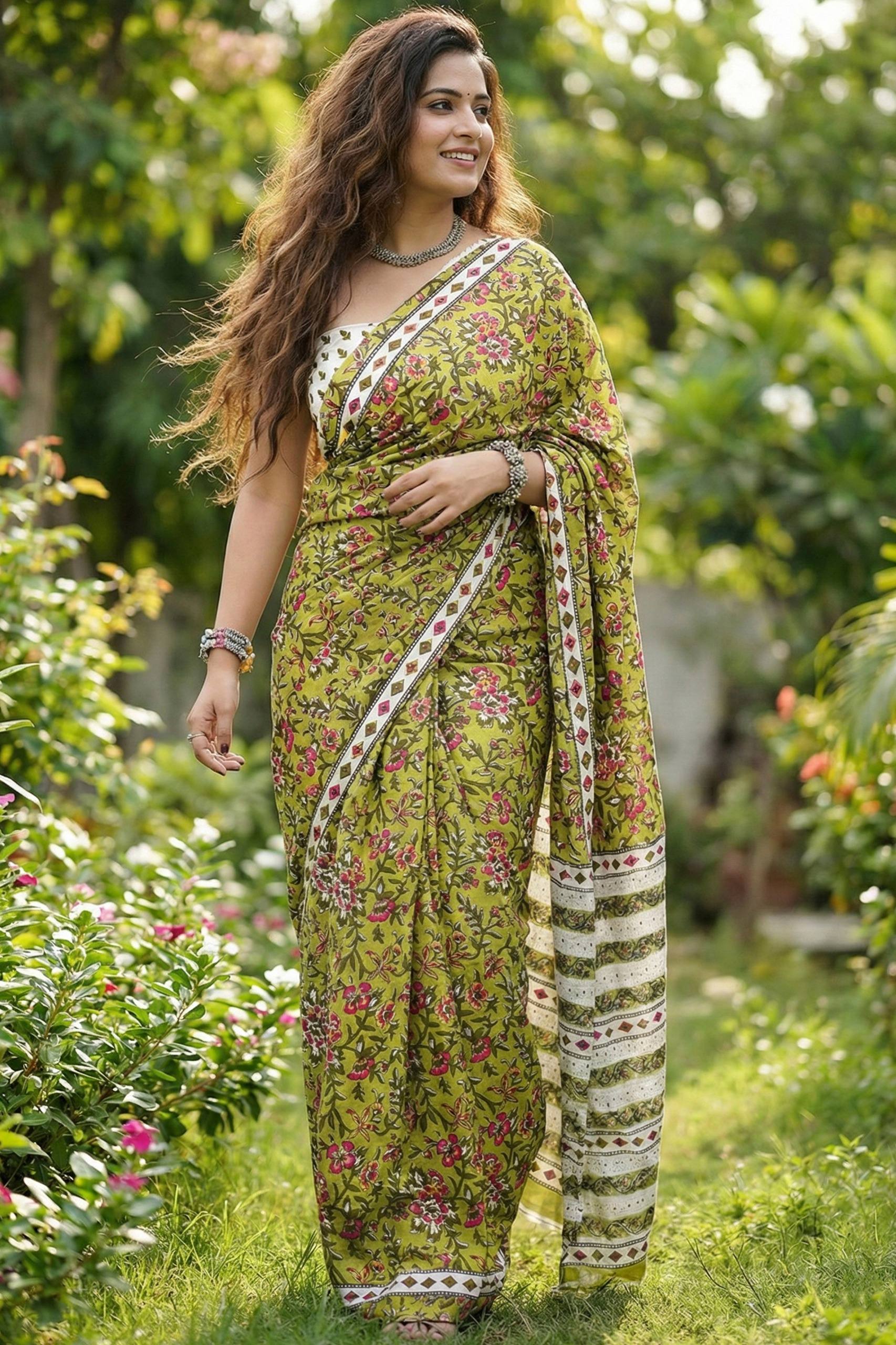 BAGRU BLOCK PRINT COTTON MULMUL JAIPURI AJRAKH PRINT GREEN SAREE WITH BLOUSE