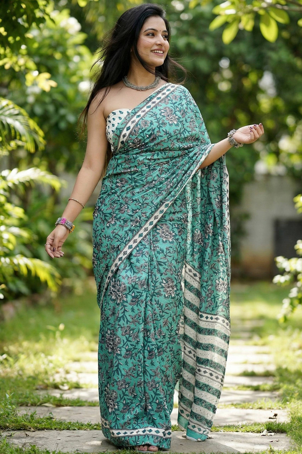 BAGRU BLOCK PRINT COTTON MULMUL JAIPURI AJRAKH PRINT TEAL SAREE WITH BLOUSE