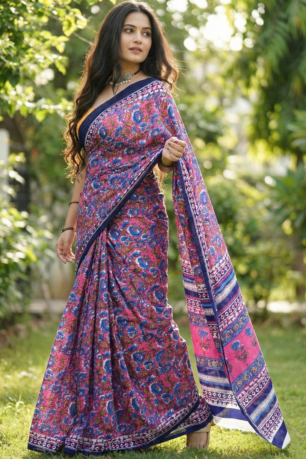 JAIPURI AJRAKH BAGRU BLOCK PRINT COTTON MULMUL BLUE PINK SAREE WITH BLOUSE