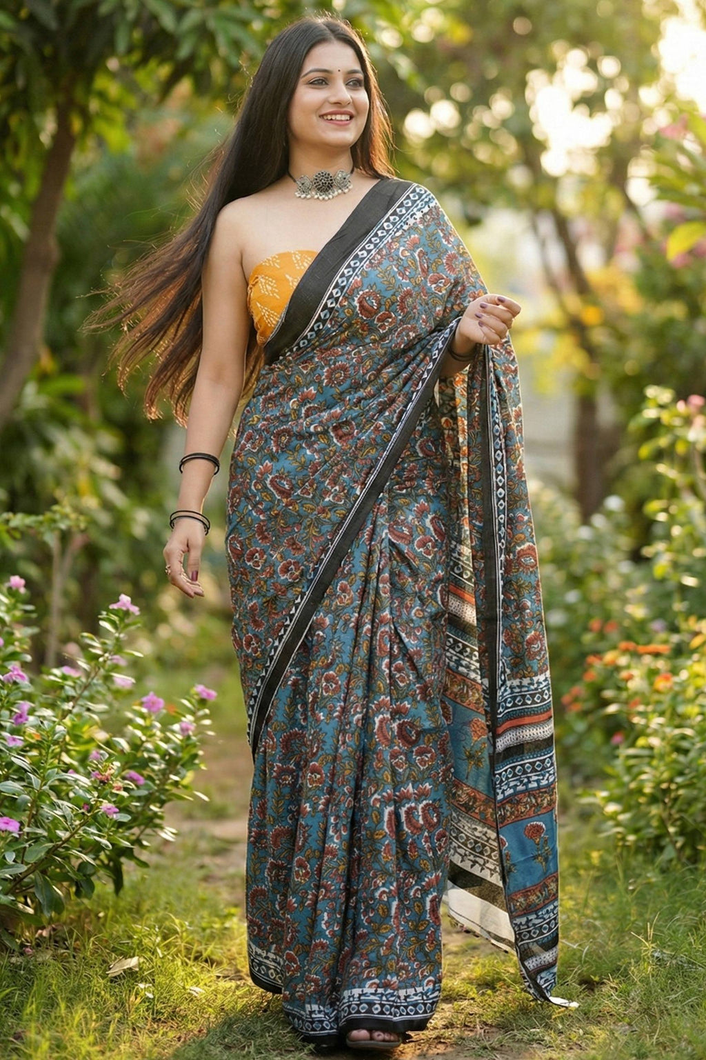 JAIPURI AJRAKH BAGRU BLOCK PRINT COTTON MULMUL MAROON SAREE WITH BLOUSE