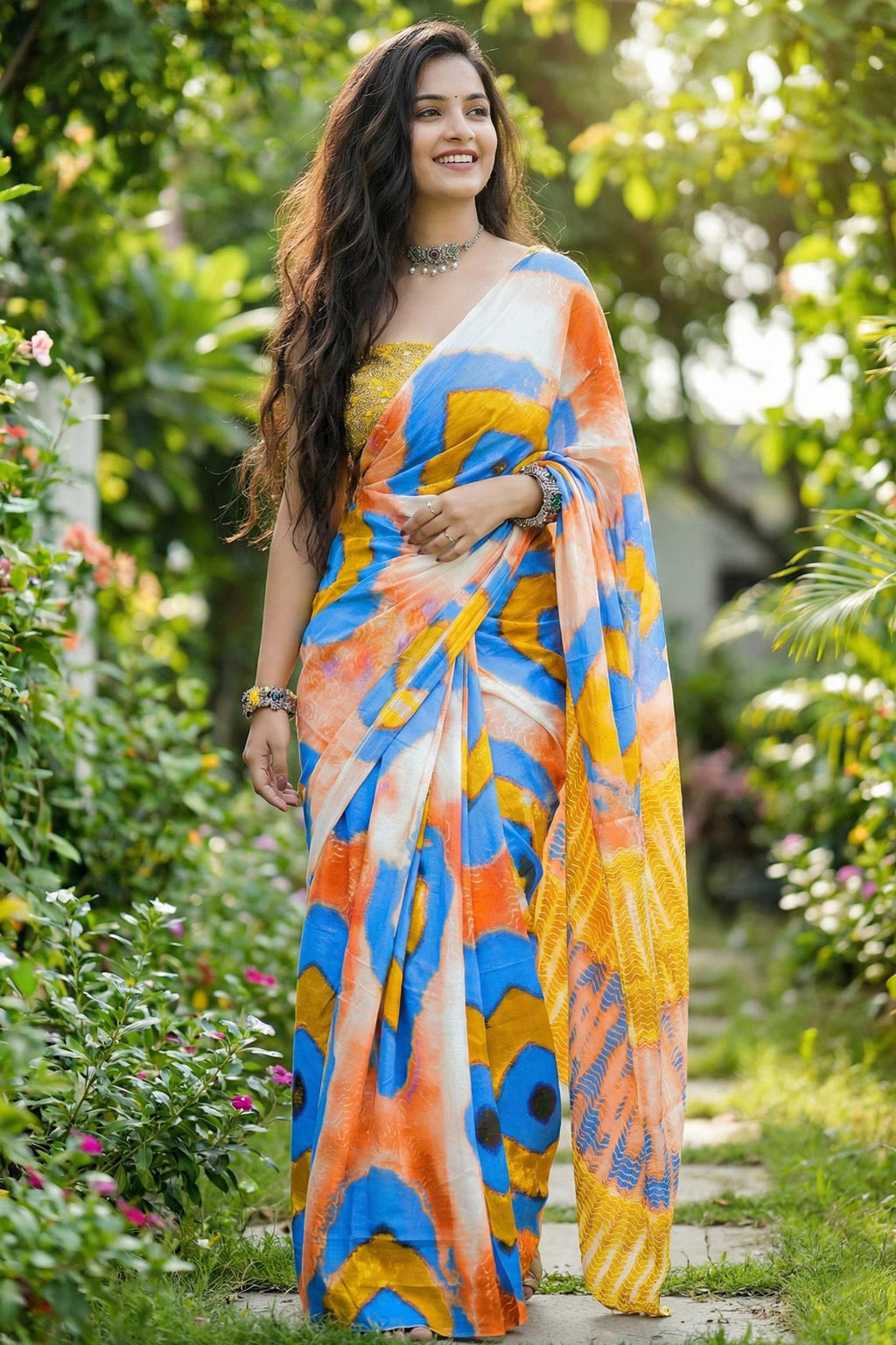 JAIPURI BAGRU BLOCK PRINT COTTON MULMUL BLUE AND YELLOW SAREE WITH BLOUSE