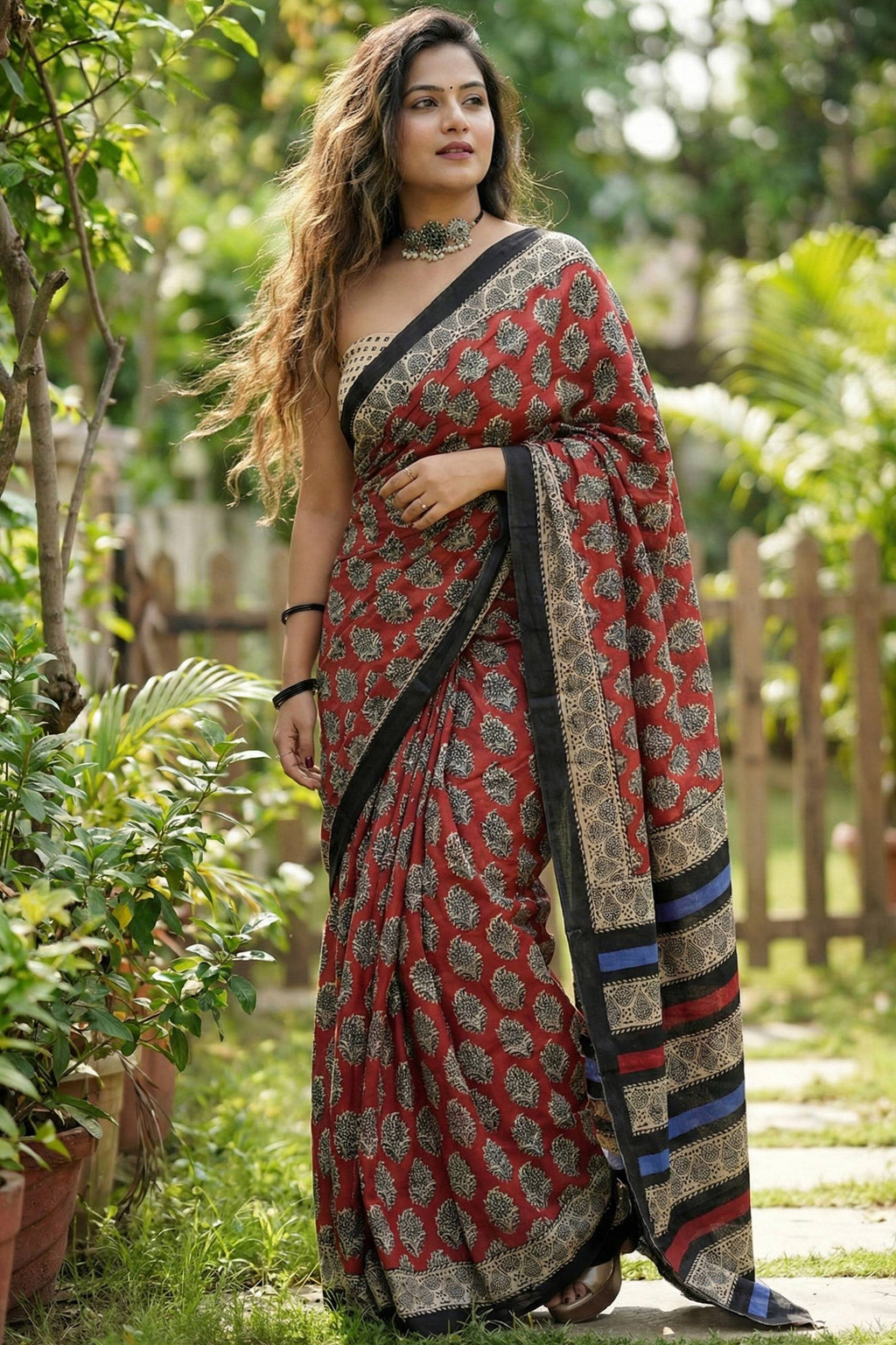 BAGRU BLOCK PRINT MULMUL COTTON MAROON SAREE WITH BLOUSE