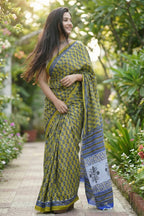 BAGRU BLOCK PRINT MULMUL COTTON MEHANDI GREEN SAREE WITH BLOUSE