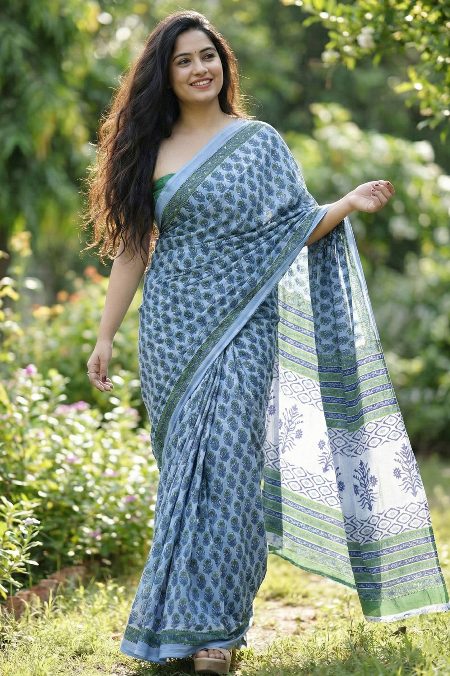 BAGRU BLOCK PRINT MULMUL COTTON SKY BLUE SAREE WITH BLOUSE