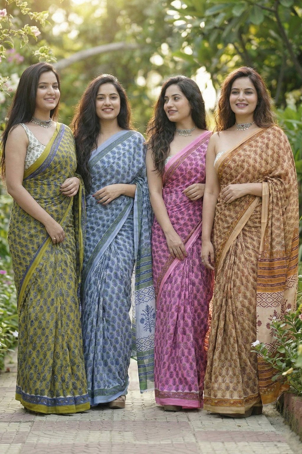 BAGRU BLOCK PRINT MULMUL COTTON MEHANDI GREEN SAREE WITH BLOUSE
