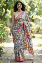 BAGRU BLOCK PRINT MULMUL COTTON GREY SAREE WITH BLOUSE
