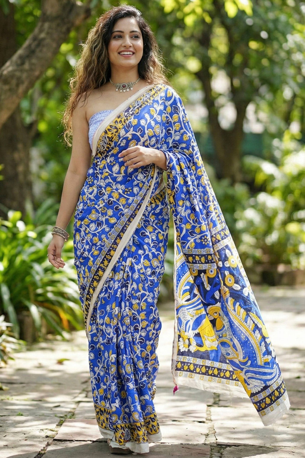 BAGRU BLOCK PRINT MULMUL COTTON BLUE SAREE WITH BLOUSE