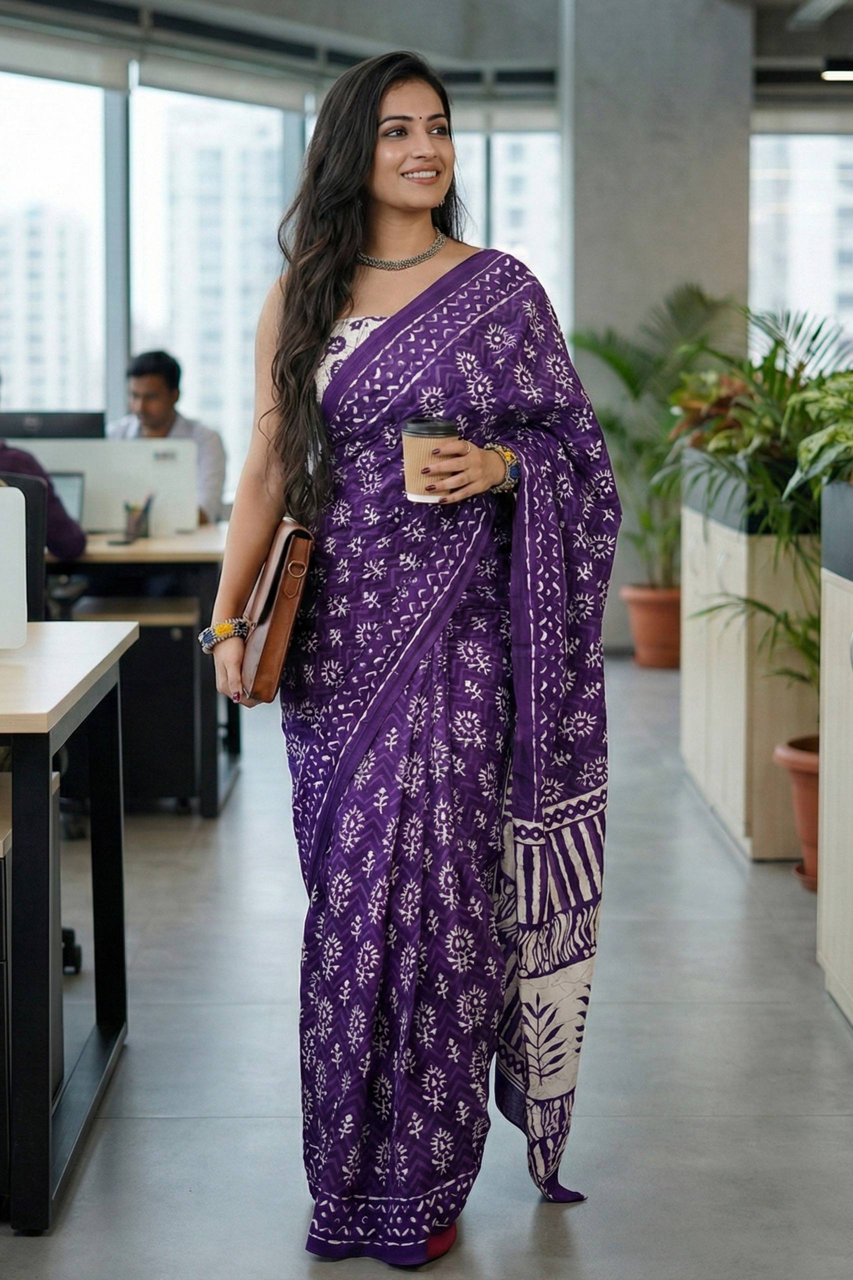 BAGRU BLOCK PRINT MULMUL COTTON BLUE VOILET SAREE WITH BLOUSE