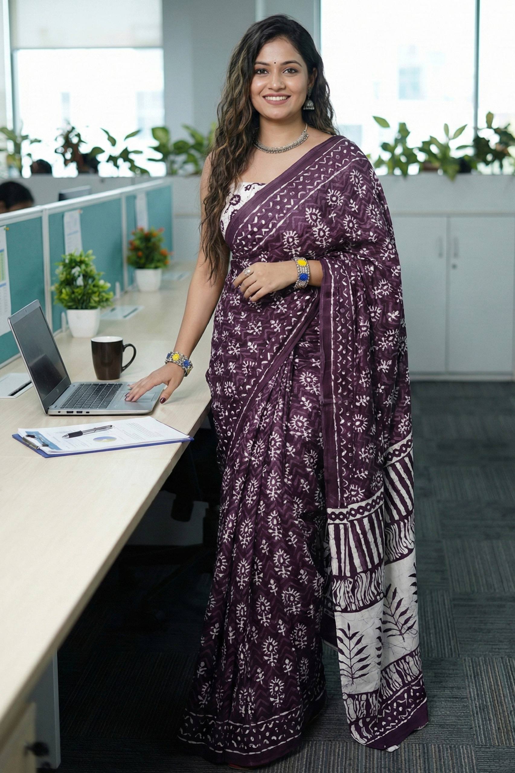 BAGRU BLOCK PRINT MULMUL COTTON PURPLE SAREE WITH BLOUSE