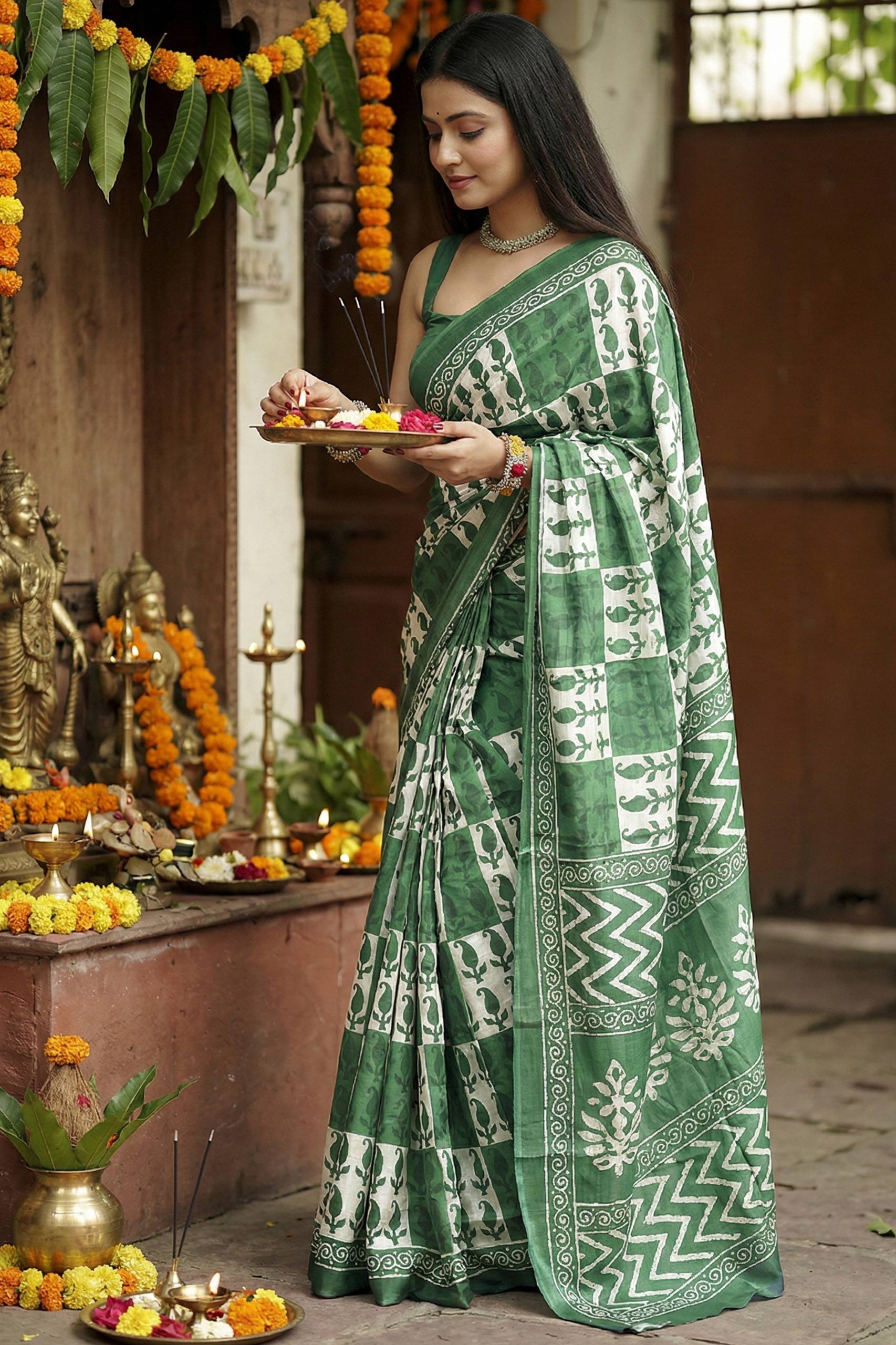 BAGRU BLOCK PRINT MULMUL COTTON PISTA GREEN SAREE WITH BLOUSE