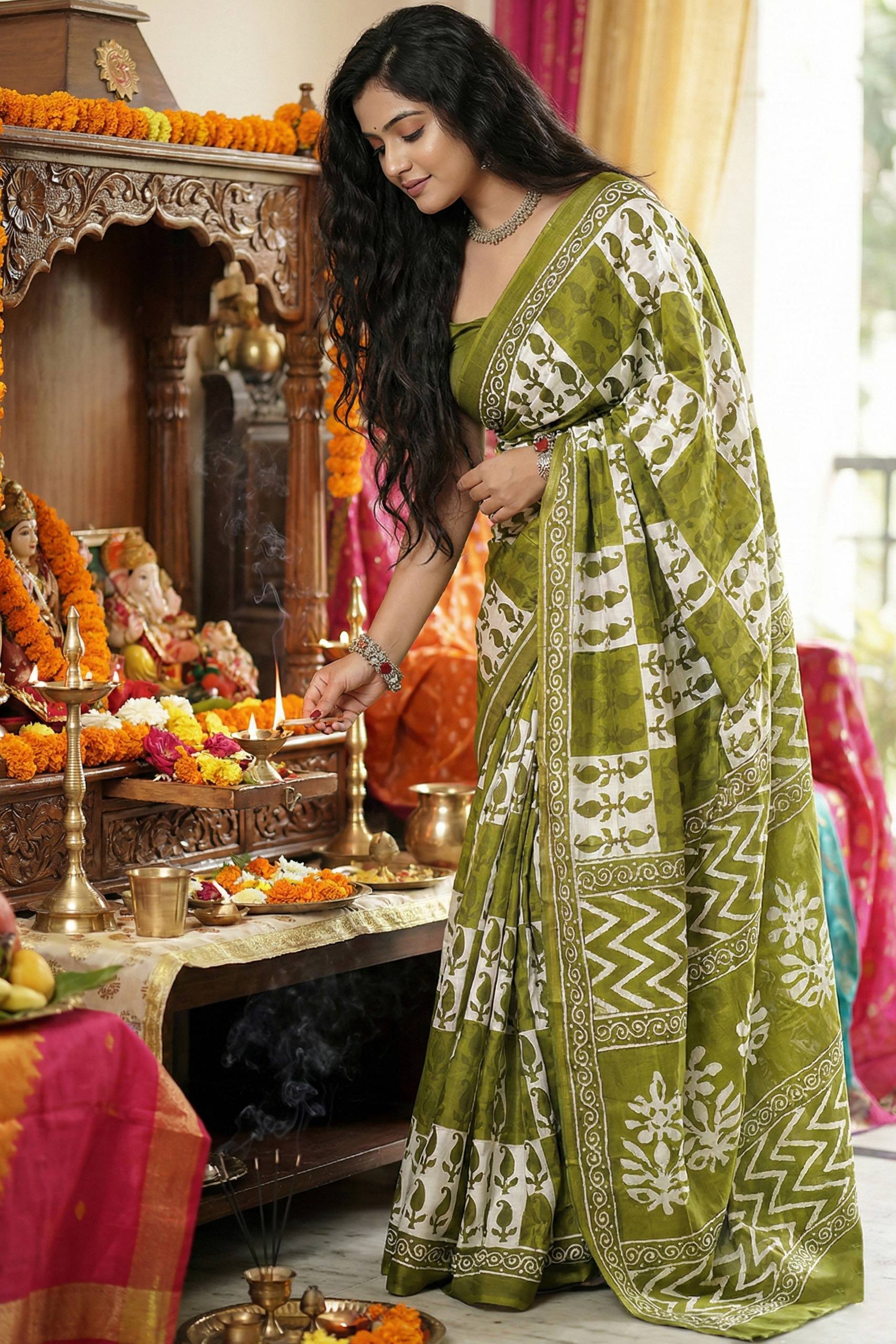 BAGRU BLOCK PRINT MULMUL COTTON MEHANDI GREEN SAREE WITH BLOUSE