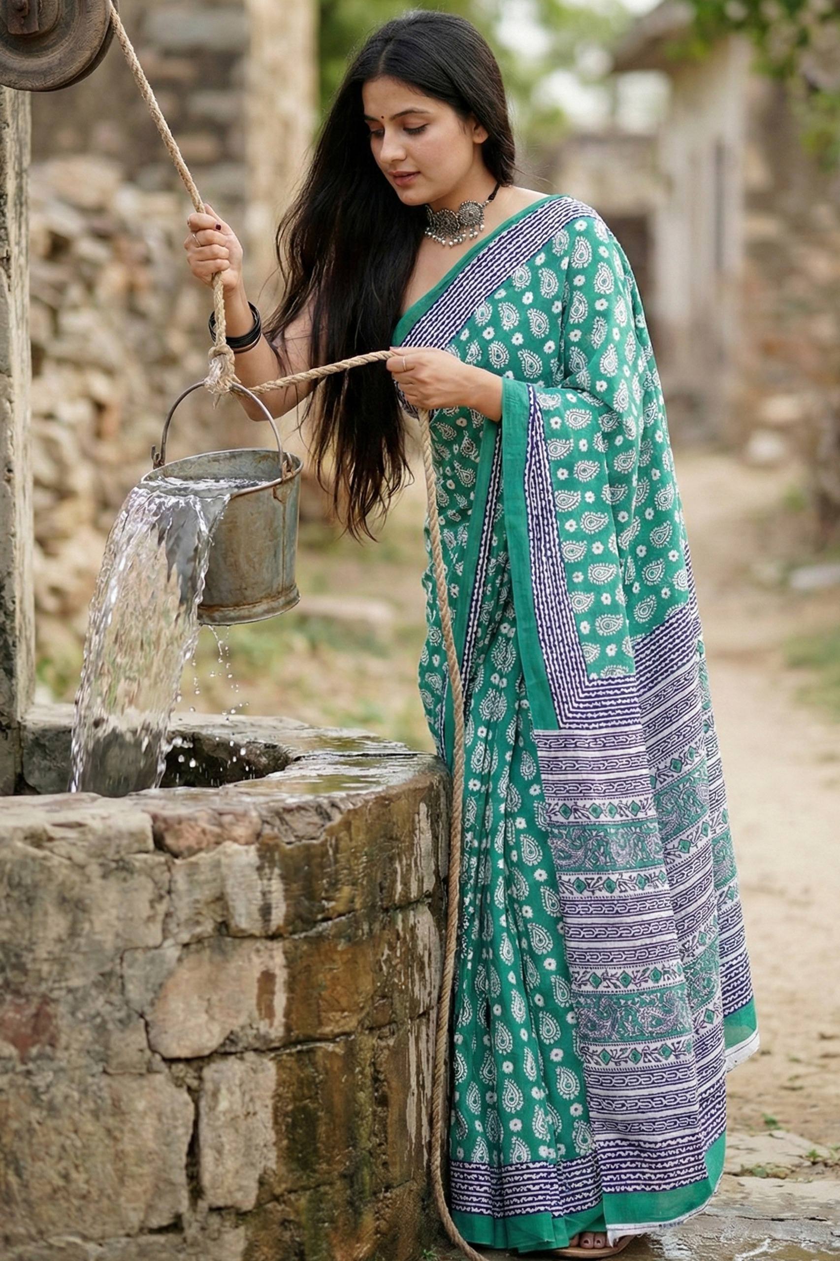 BAGRU BLOCK PRINT MULMUL COTTON GREEN SAREE WITH BLOUSE