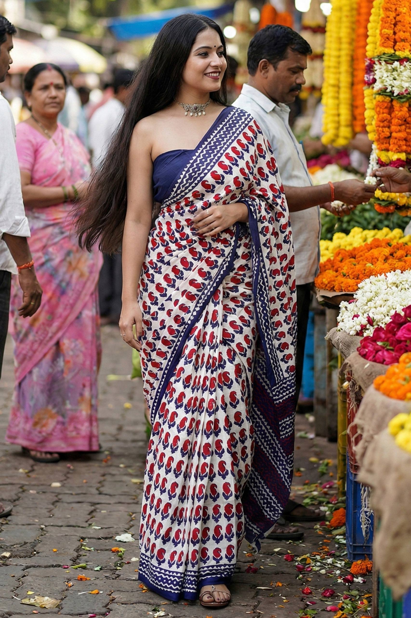 BAGRU BLOCK PRINT MULMUL COTTON RED SAREE WITH BLOUSE