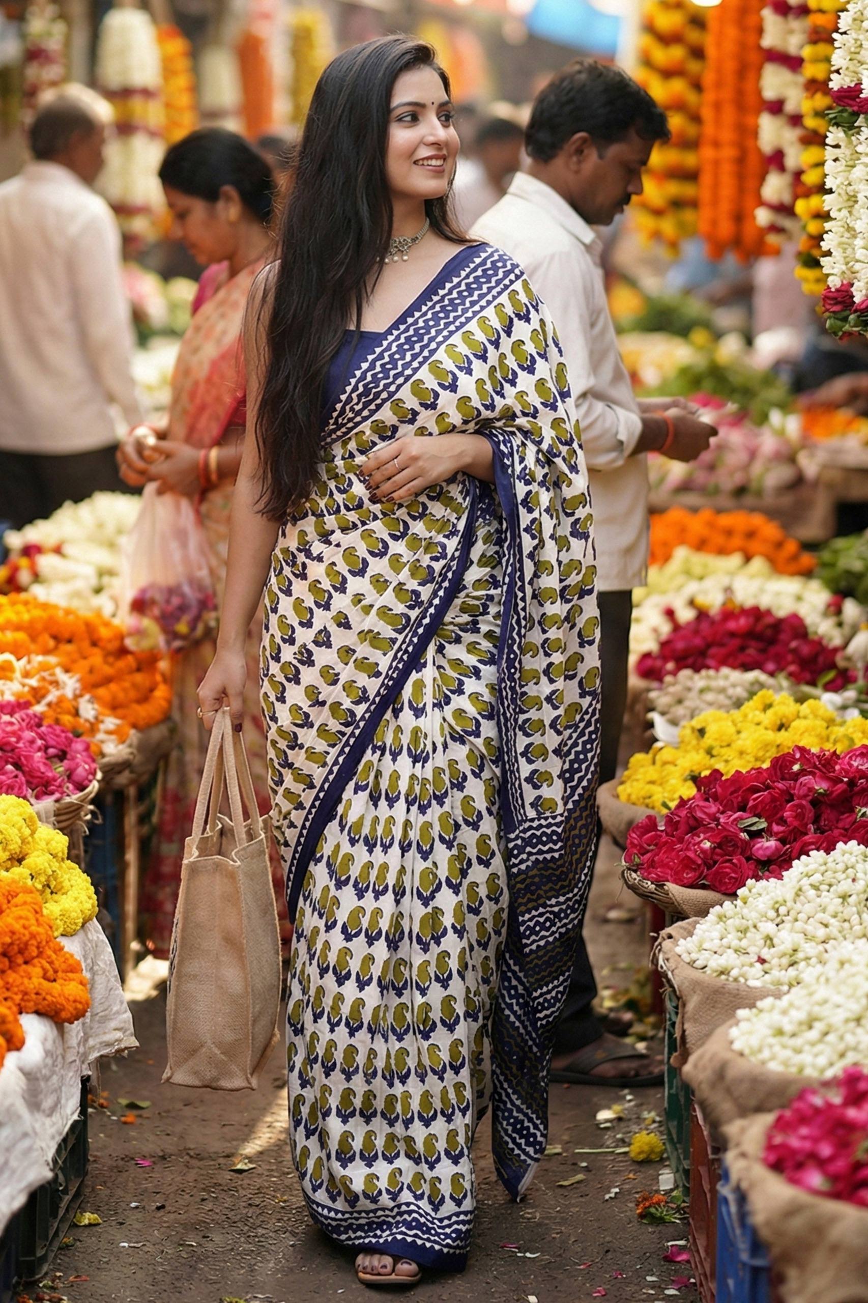 BAGRU BLOCK PRINT MULMUL COTTON MEHANDI GREEN SAREE WITH BLOUSE