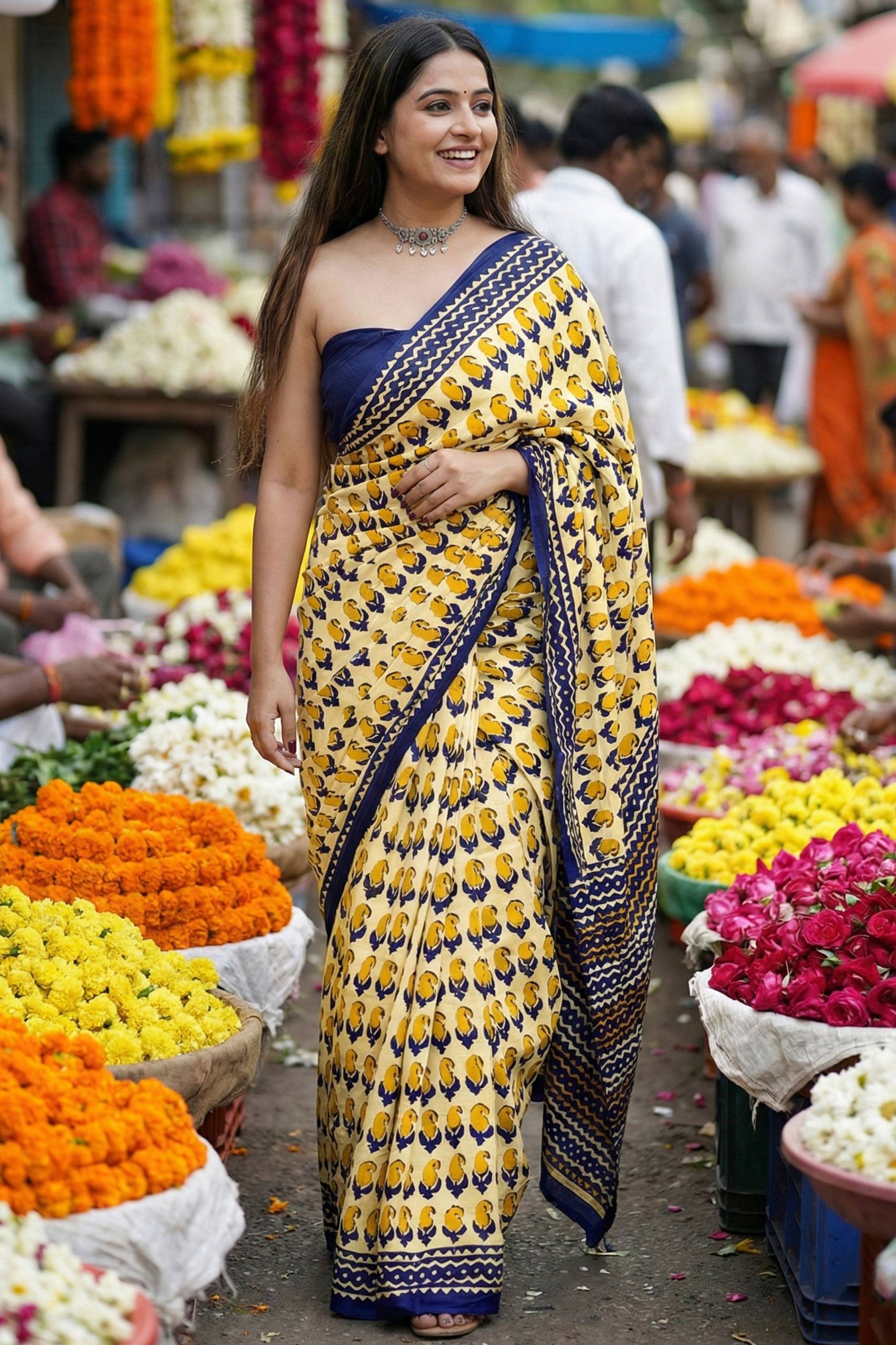 BAGRU BLOCK PRINT MULMUL COTTON YELLOW SAREE WITH BLOUSE