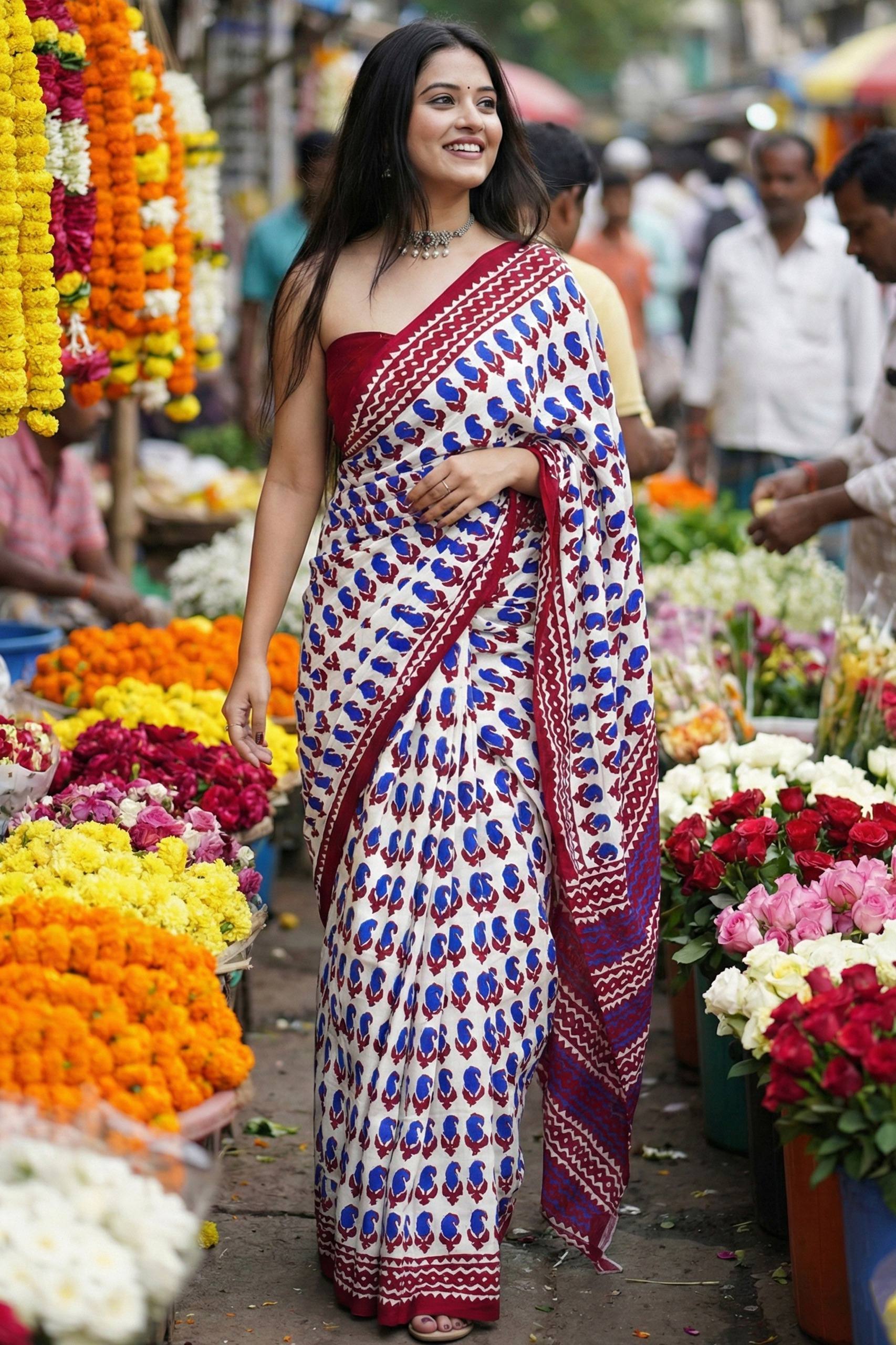 BAGRU BLOCK PRINT MULMUL COTTON BLUE SAREE WITH BLOUSE