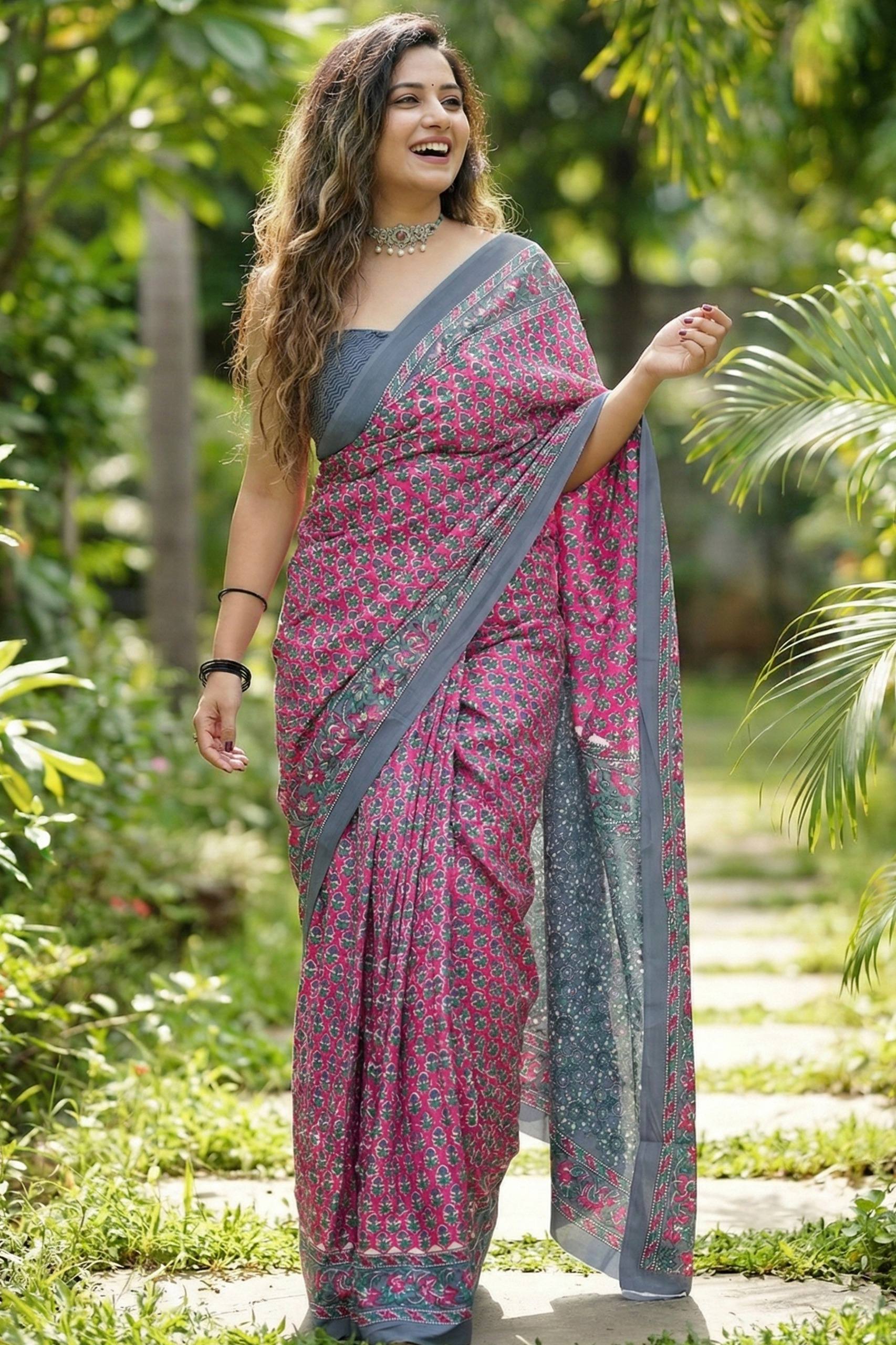 BAGRU BLOCK PRINT MULMUL COTTON PINK SAREE WITH BLOUSE