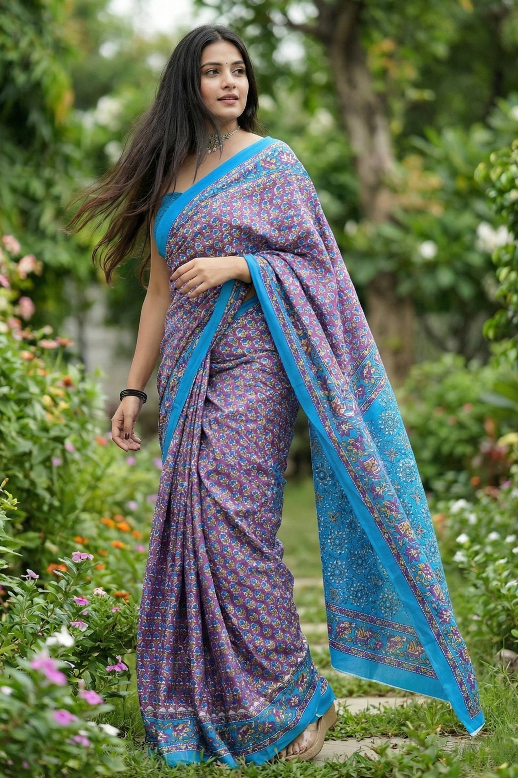 BAGRU BLOCK PRINT MULMUL COTTON VIOLET SAREE WITH BLOUSE