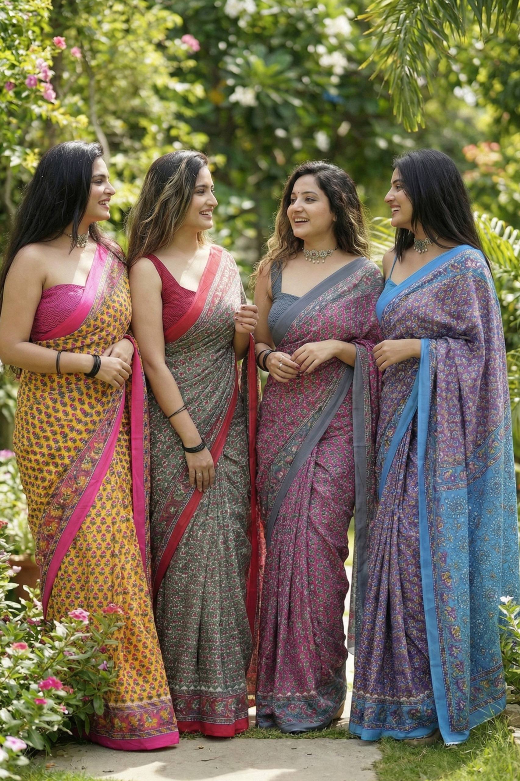 BAGRU BLOCK PRINT MULMUL COTTON PINK SAREE WITH BLOUSE